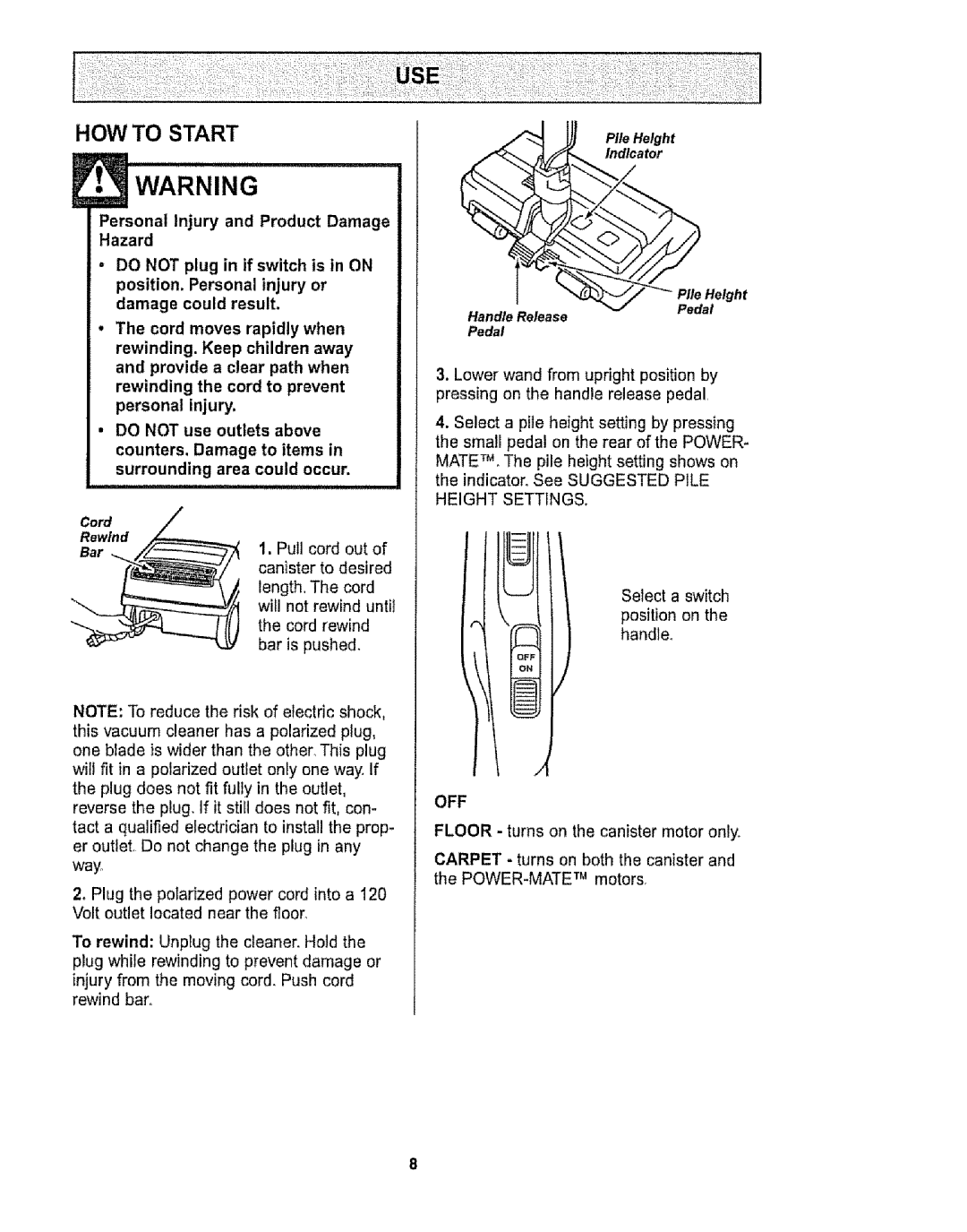 Sears CO1ZARD10UOO-4370537 owner manual Personal injury, Height Settings, Off 