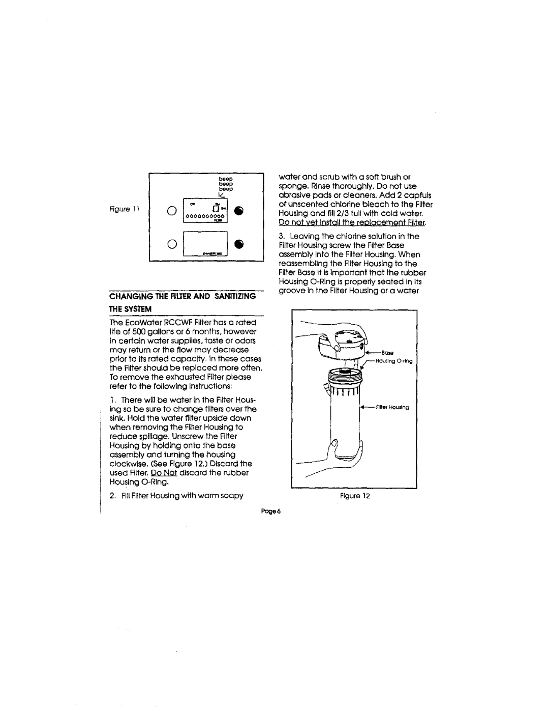 Sears CWF manual Changing the Filterand Sanitizing System, 111Fitter Housing with warm soapy 