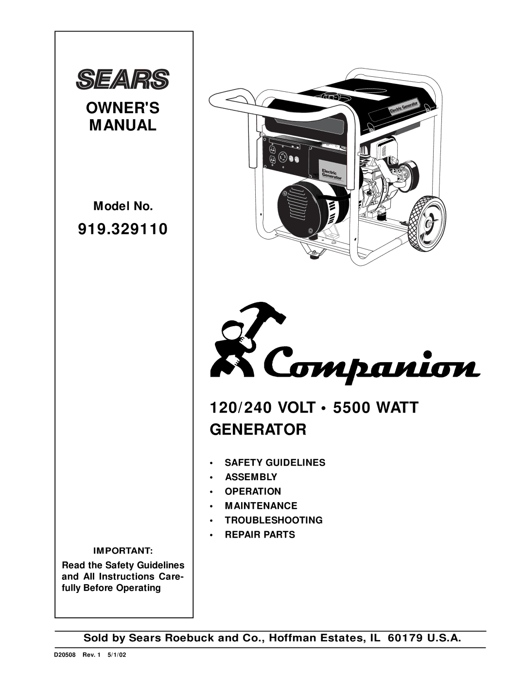 Sears 919.329110, D20508 owner manual Owners Manual 