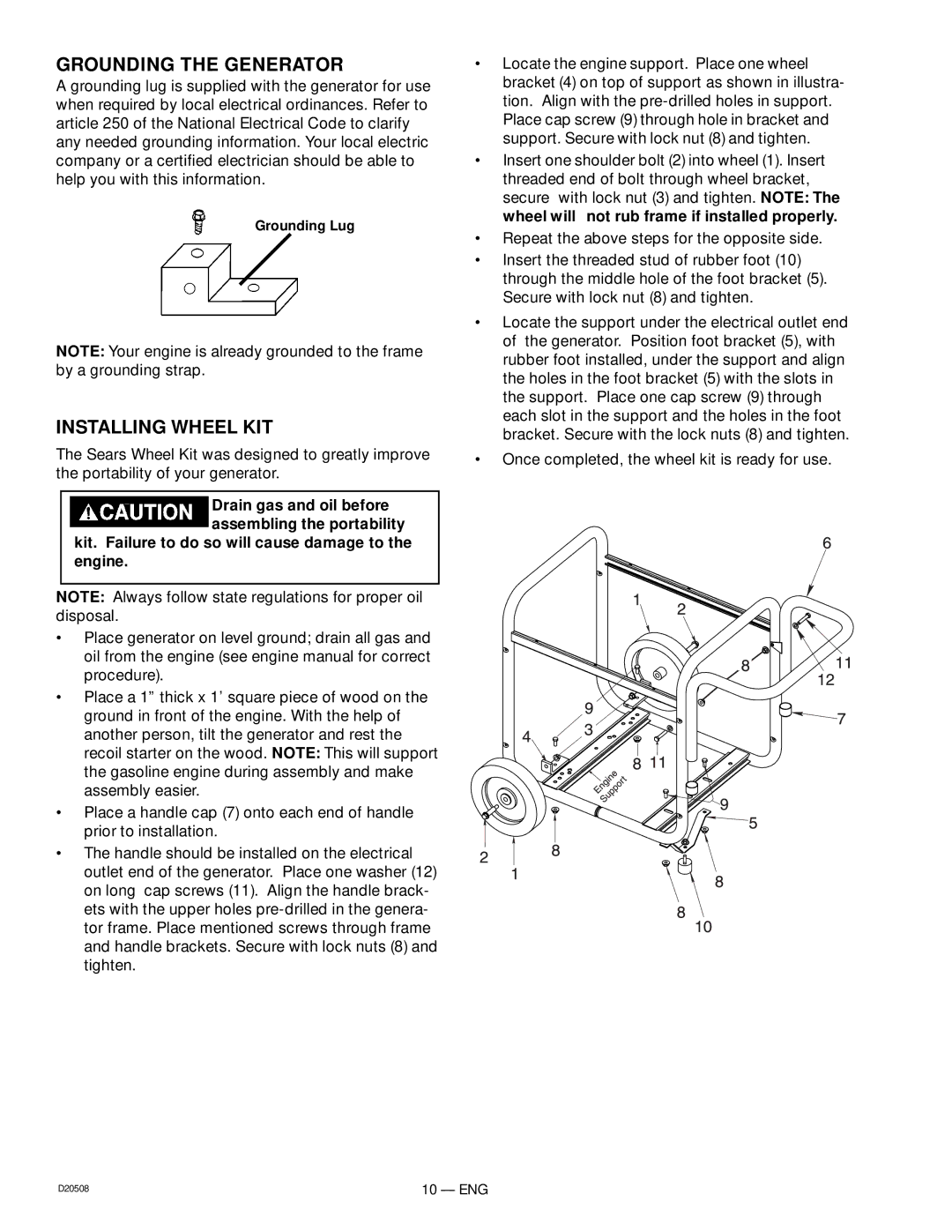 Sears D20508, 919.329110 owner manual Grounding the Generator, Installing Wheel KIT 