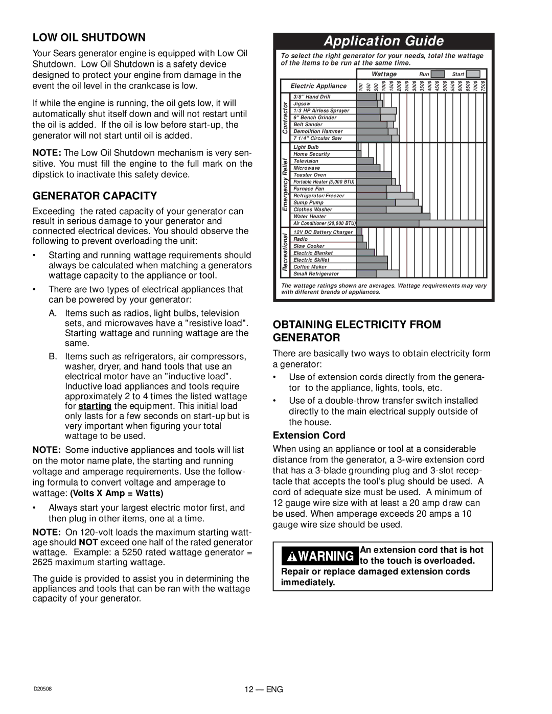 Sears D20508, 919.329110 owner manual LOW OIL Shutdown, Generator Capacity, Extension Cord 