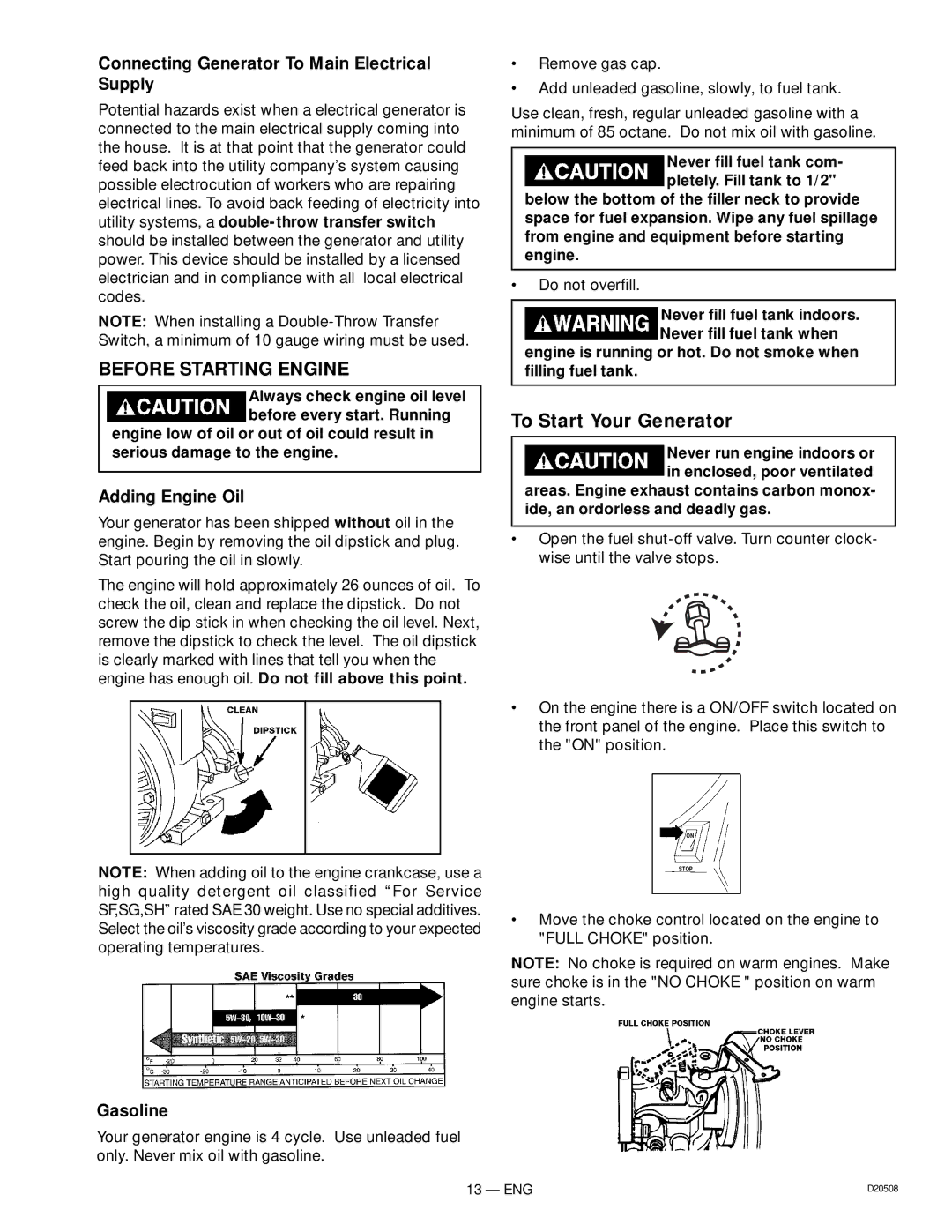 Sears 919.329110 Before Starting Engine, To Start Your Generator, Connecting Generator To Main Electrical Supply, Gasoline 