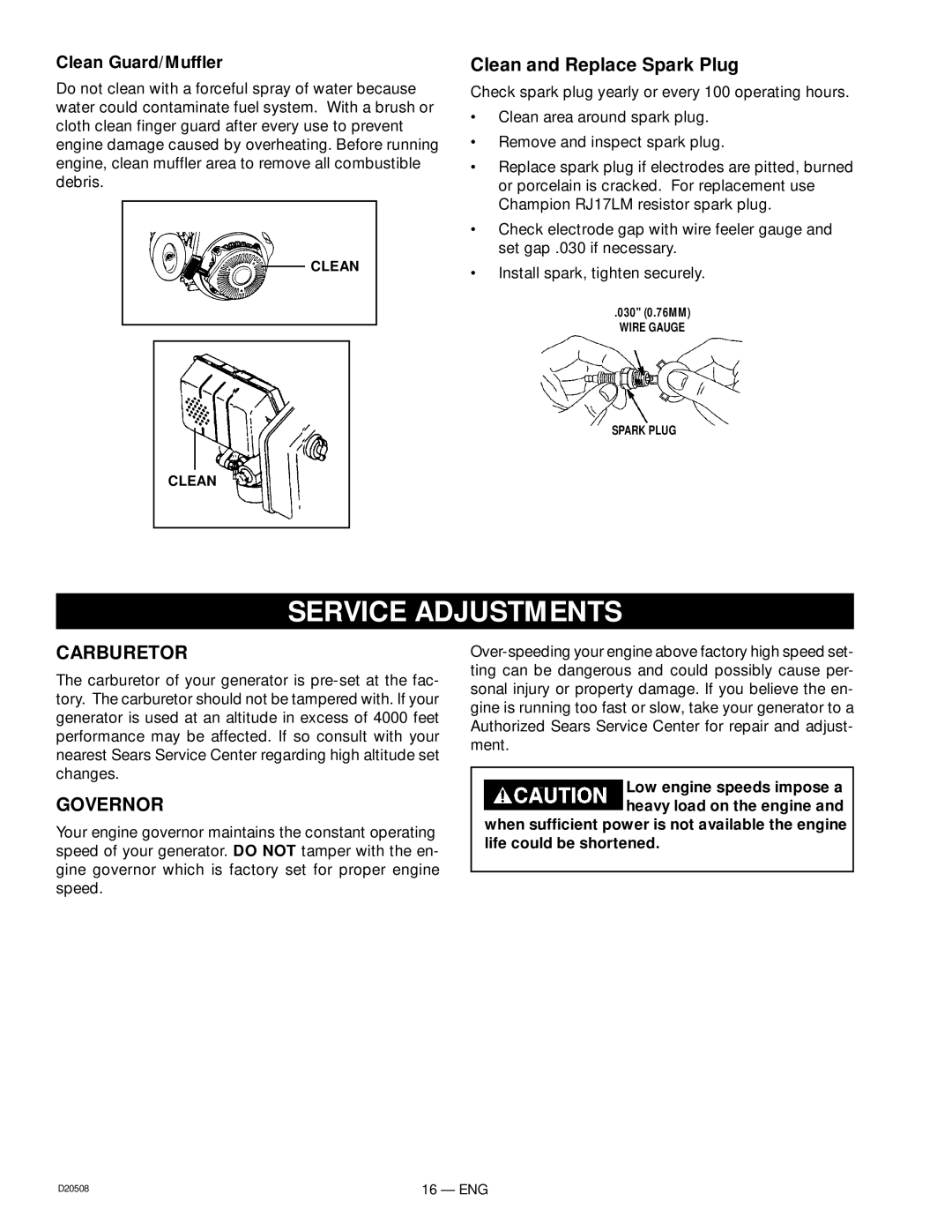 Sears D20508, 919.329110 Service Adjustments, Clean and Replace Spark Plug, Carburetor, Governor, Clean Guard/Muffler 