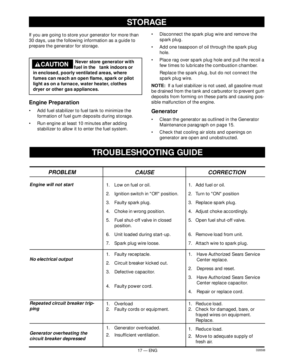 Sears 919.329110, D20508 owner manual Storage, Troubleshooting Guide, Engine Preparation, Generator 