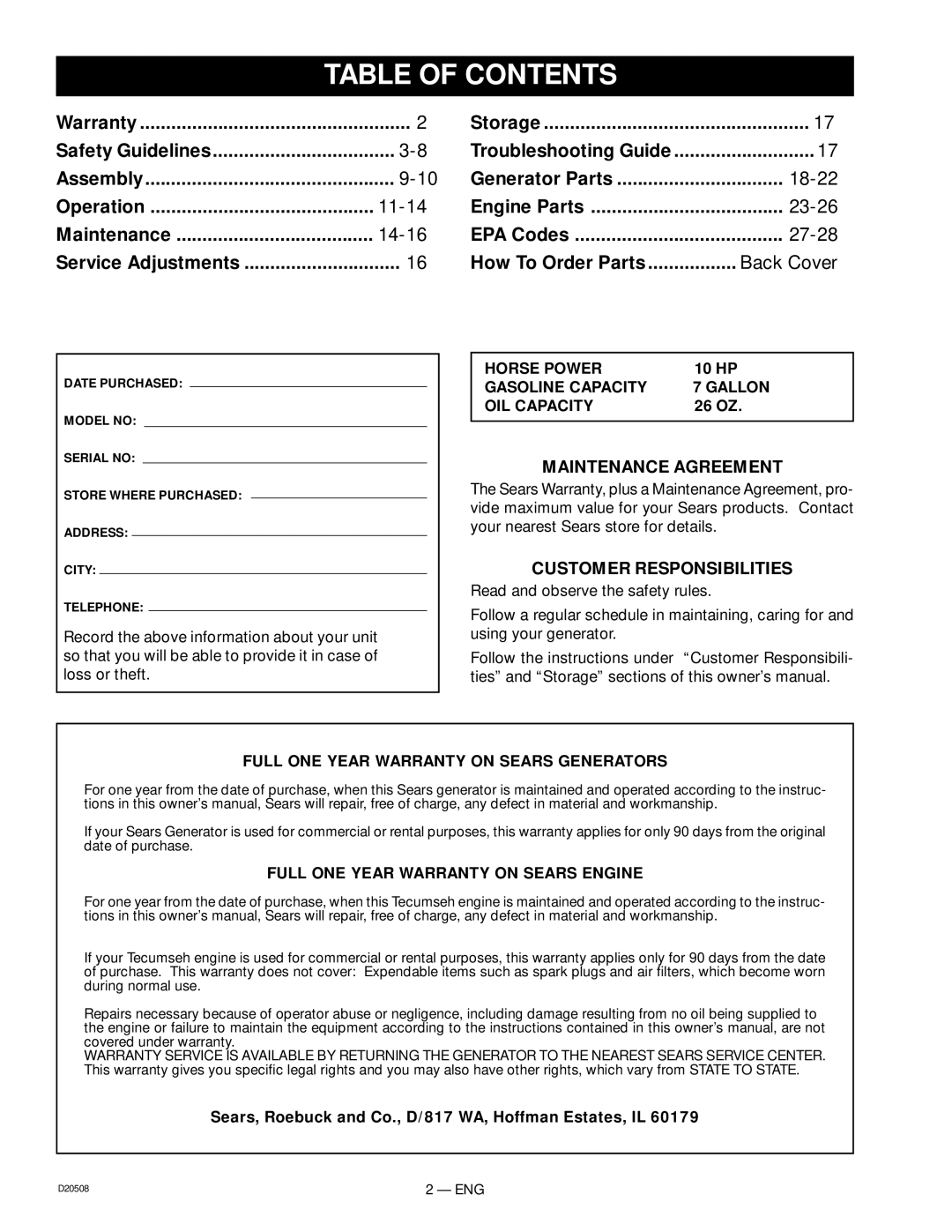 Sears D20508, 919.329110 owner manual Table of Contents 