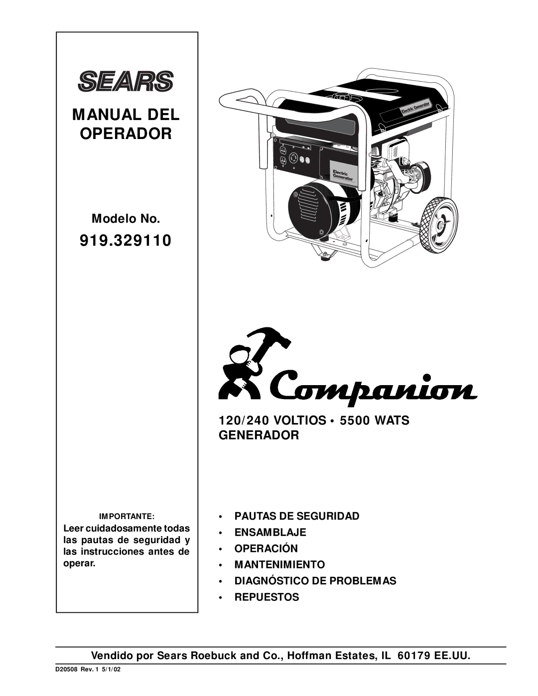 Sears D20508, 919.329110 owner manual Manual DEL Operador 