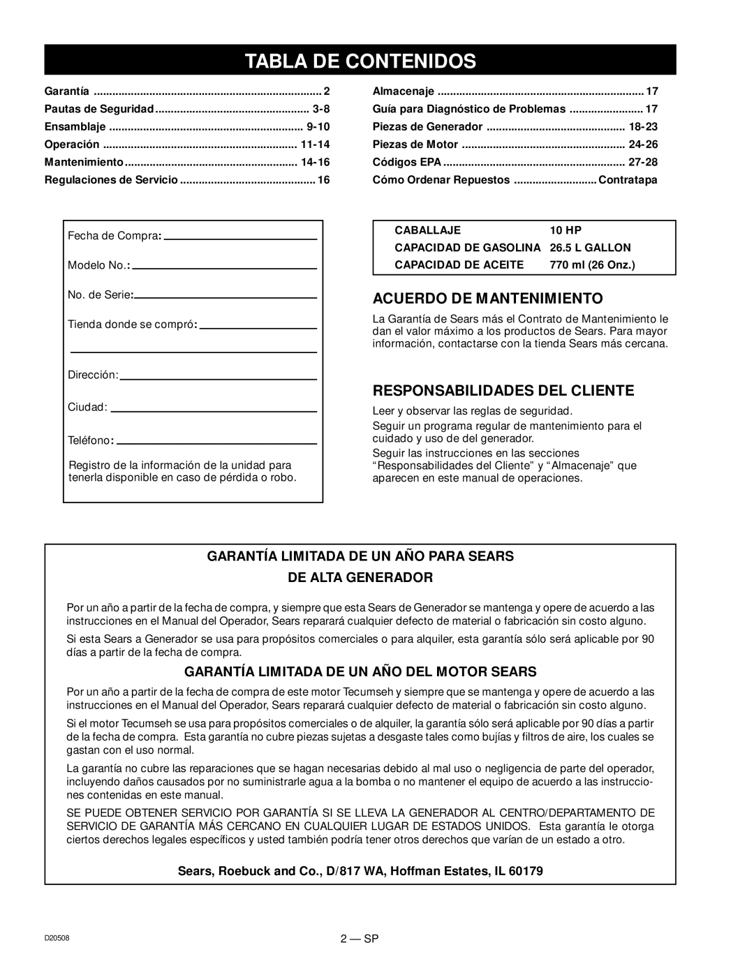 Sears 919.329110, D20508 owner manual Tabla DE Contenidos, Acuerdo DE Mantenimiento, Responsabilidades DEL Cliente 