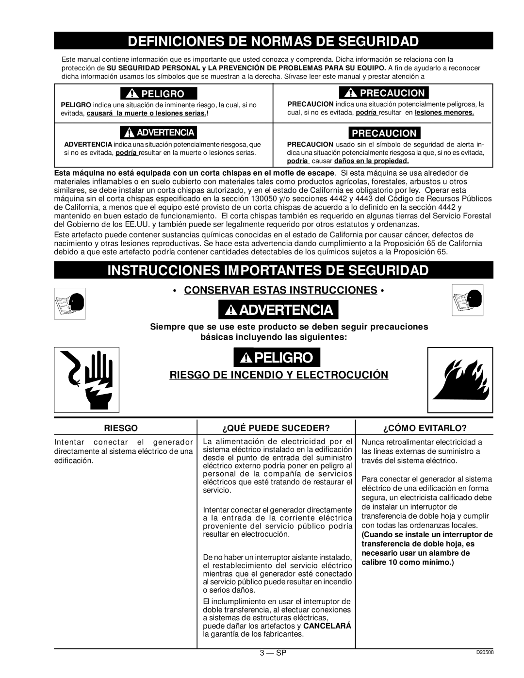 Sears D20508 Definiciones DE Normas DE Seguridad, Instrucciones Importantes DE Seguridad, Conservar Estas Instrucciones 