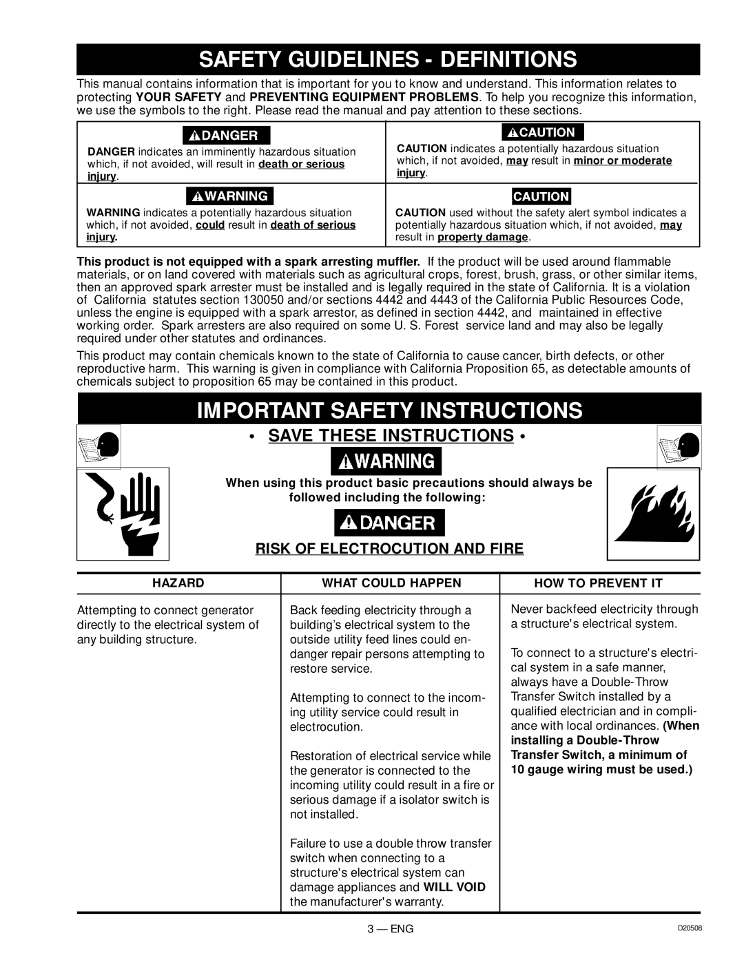 Sears 919.329110, D20508 Safety Guidelines Definitions, Important Safety Instructions, Risk of Electrocution and Fire 