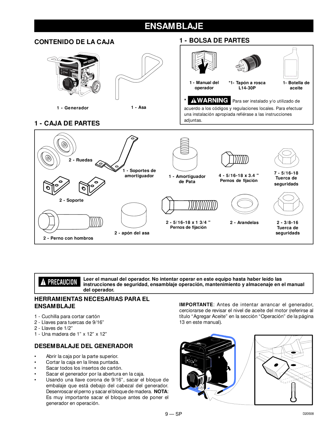 Sears D20508, 919.329110 owner manual Ensamblaje, Contenido DE LA Caja, Caja DE Partes 