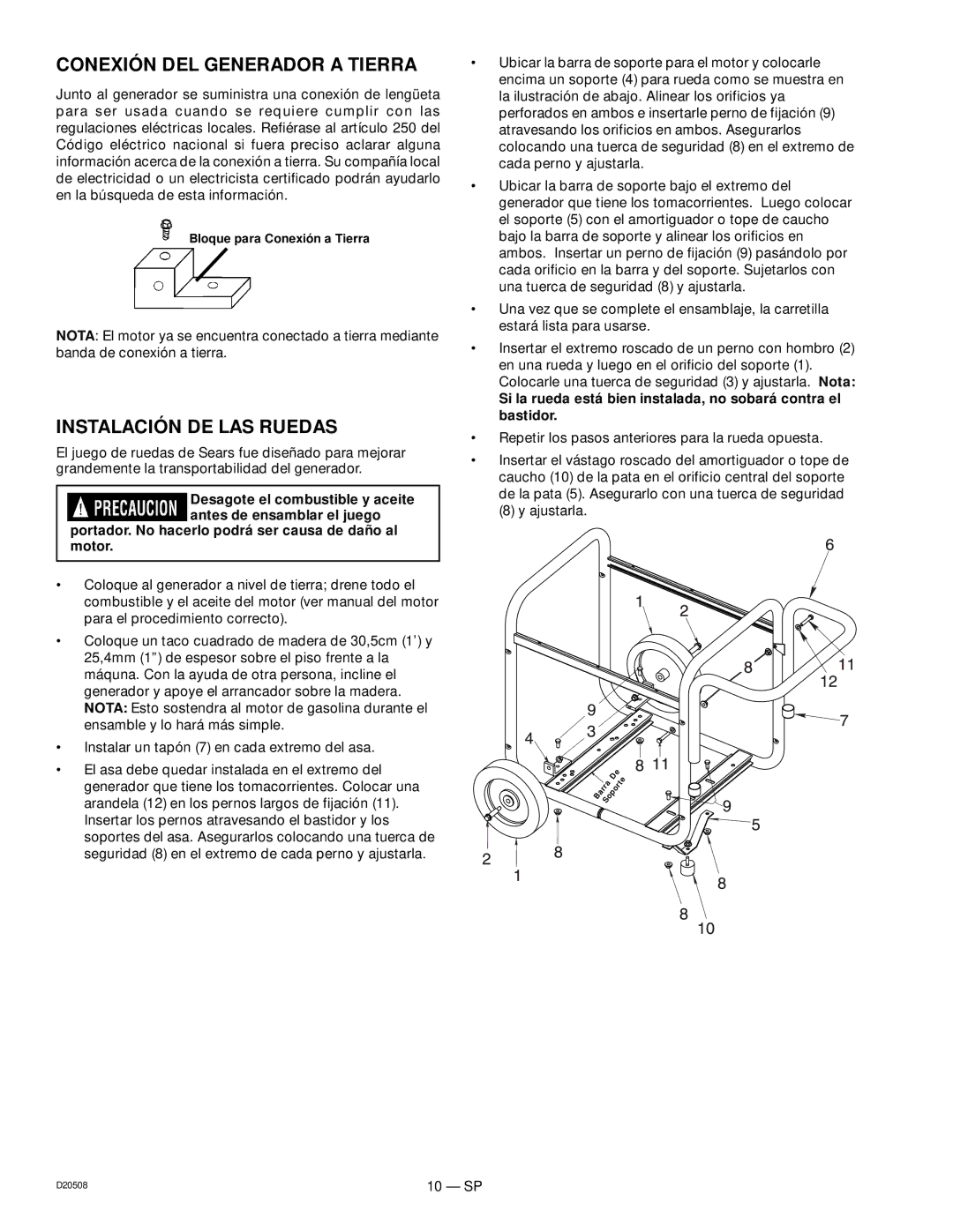 Sears 919.329110, D20508 owner manual Conexión DEL Generador a Tierra, Instalación DE LAS Ruedas 