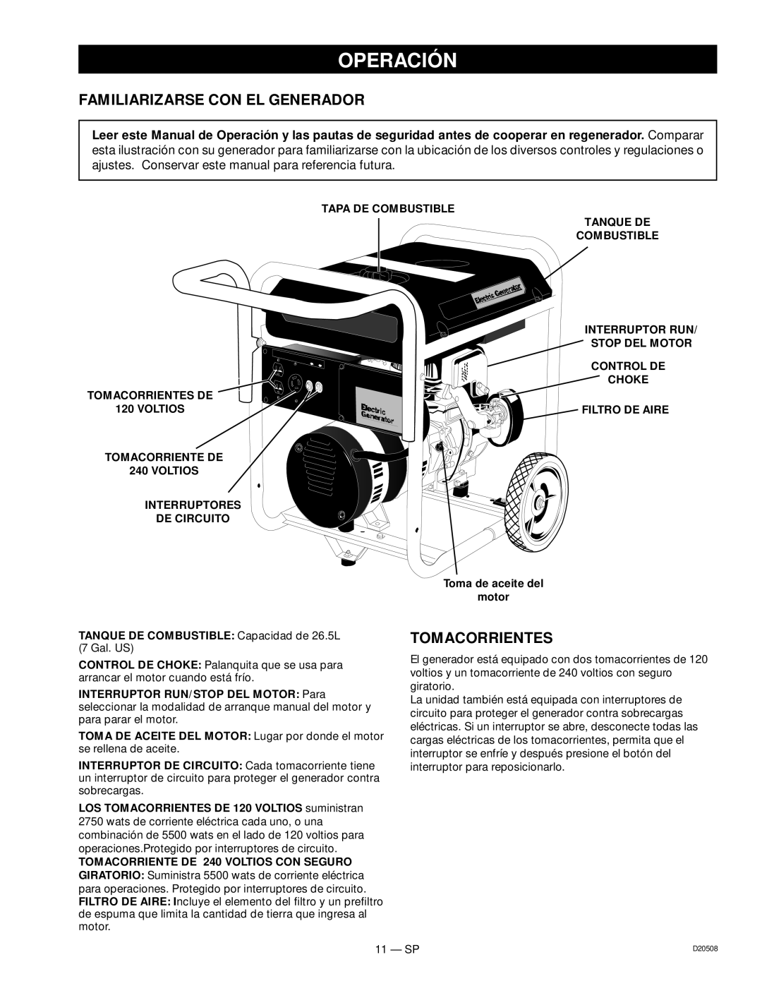 Sears D20508, 919.329110 owner manual Operación, Familiarizarse CON EL Generador, Tomacorrientes 