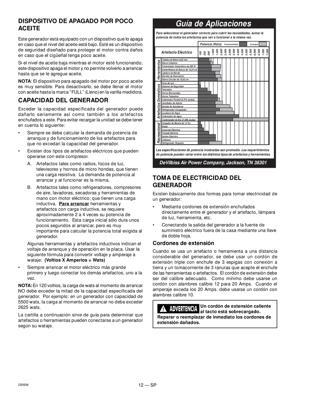 Sears 919.329110 Dispositivo DE Apagado POR Poco Aceite, Capacidad DEL Generador, Toma DE Electricidad DEL Generador 