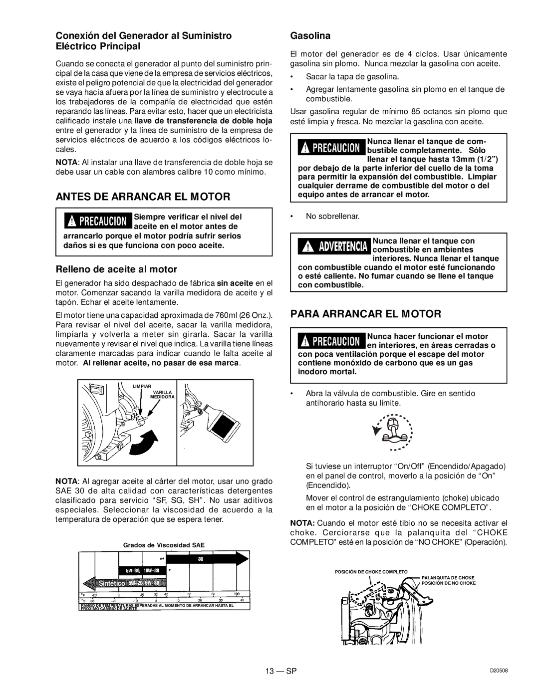 Sears D20508 Antes DE Arrancar EL Motor, Para Arrancar EL Motor, Conexión del Generador al Suministro Eléctrico Principal 