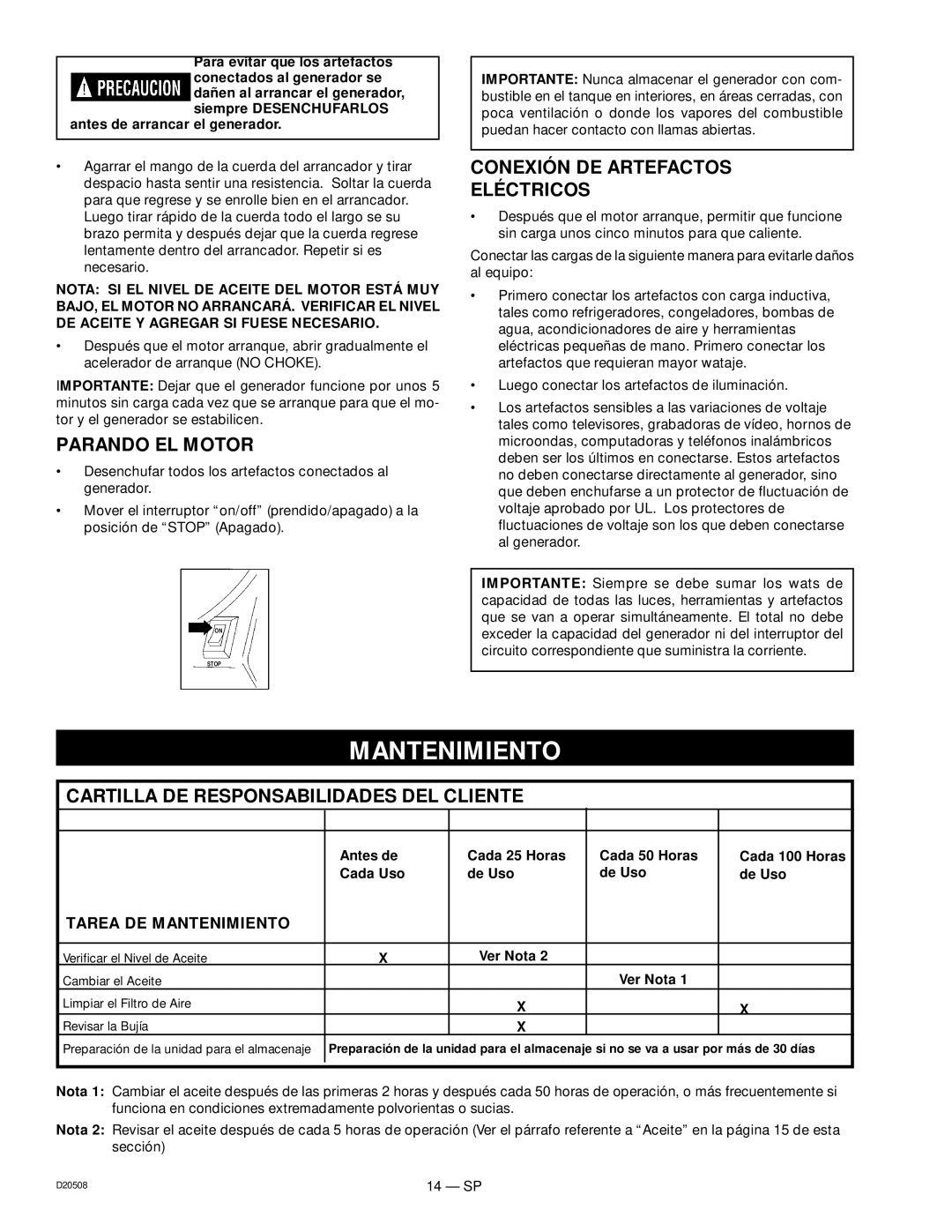 Sears 919.329110, D20508 owner manual Parando EL Motor, Conexión DE Artefactos Eléctricos, Tarea DE Mantenimiento 