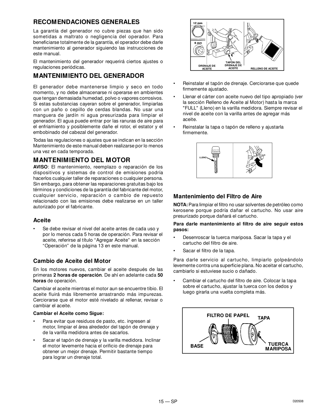 Sears D20508, 919.329110 owner manual Recomendaciones Generales, Mantenimiento DEL Generador, Mantenimiento DEL Motor 