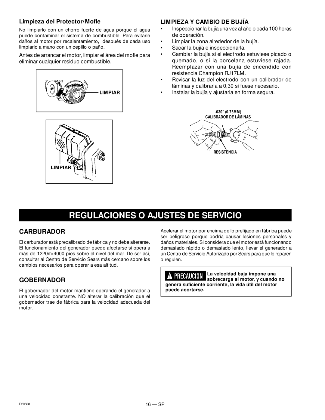 Sears 919.329110, D20508 Regulaciones O Ajustes DE Servicio, Carburador, Gobernador, Limpieza del Protector/Mofle 