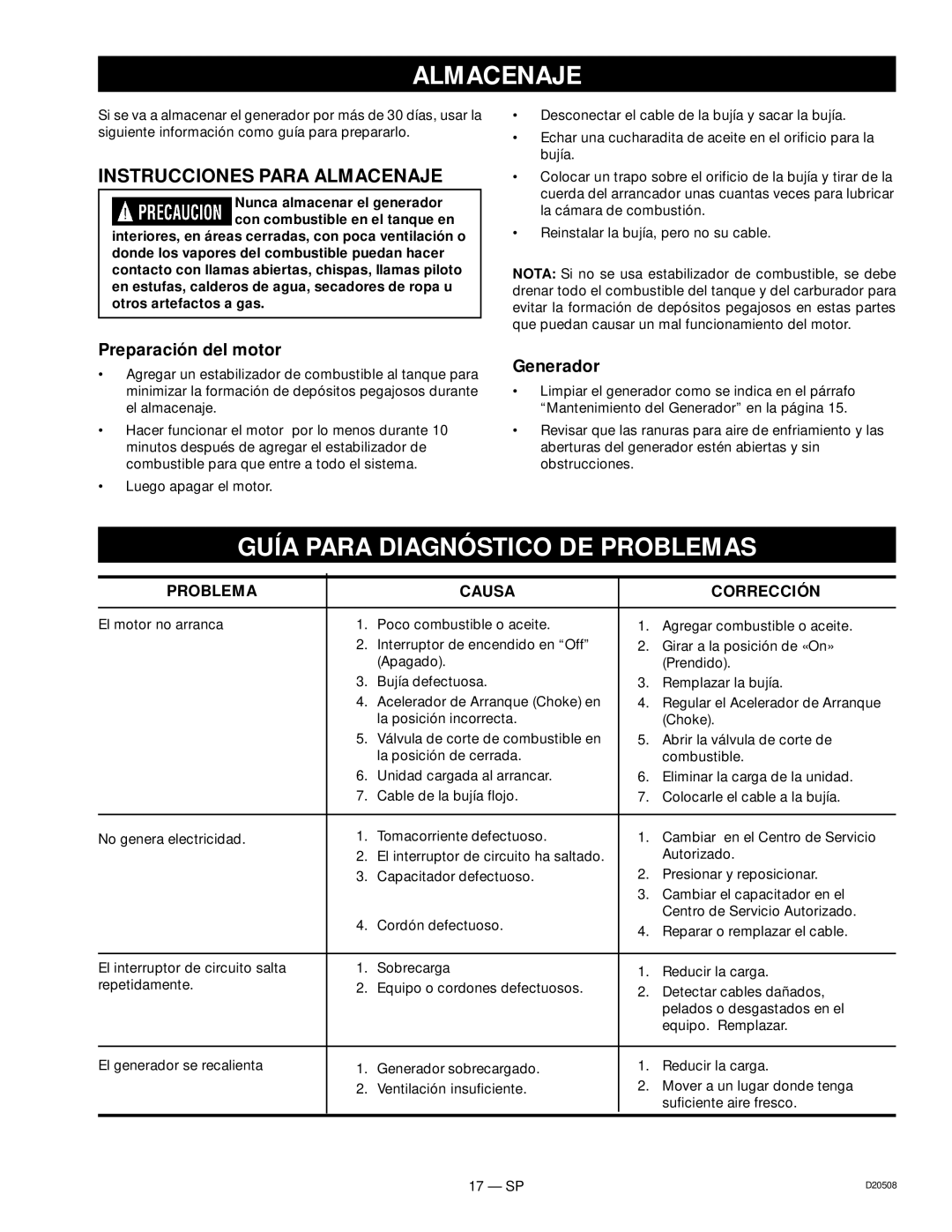 Sears D20508 Guía Para Diagnóstico DE Problemas, Instrucciones Para Almacenaje, Preparación del motor, Generador 