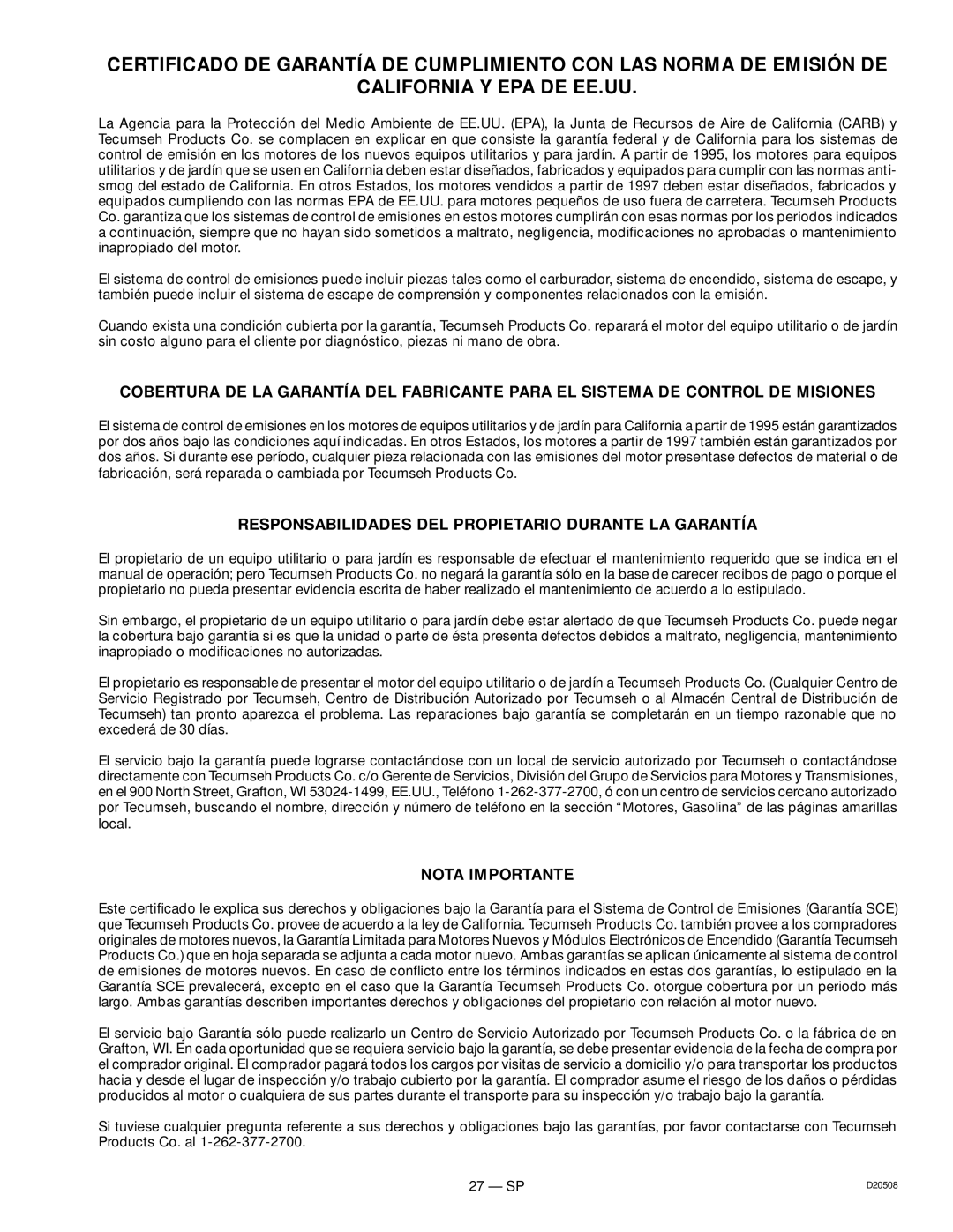 Sears 919.329110, D20508 owner manual Responsabilidades DEL Propietario Durante LA Garantía, Nota Importante 