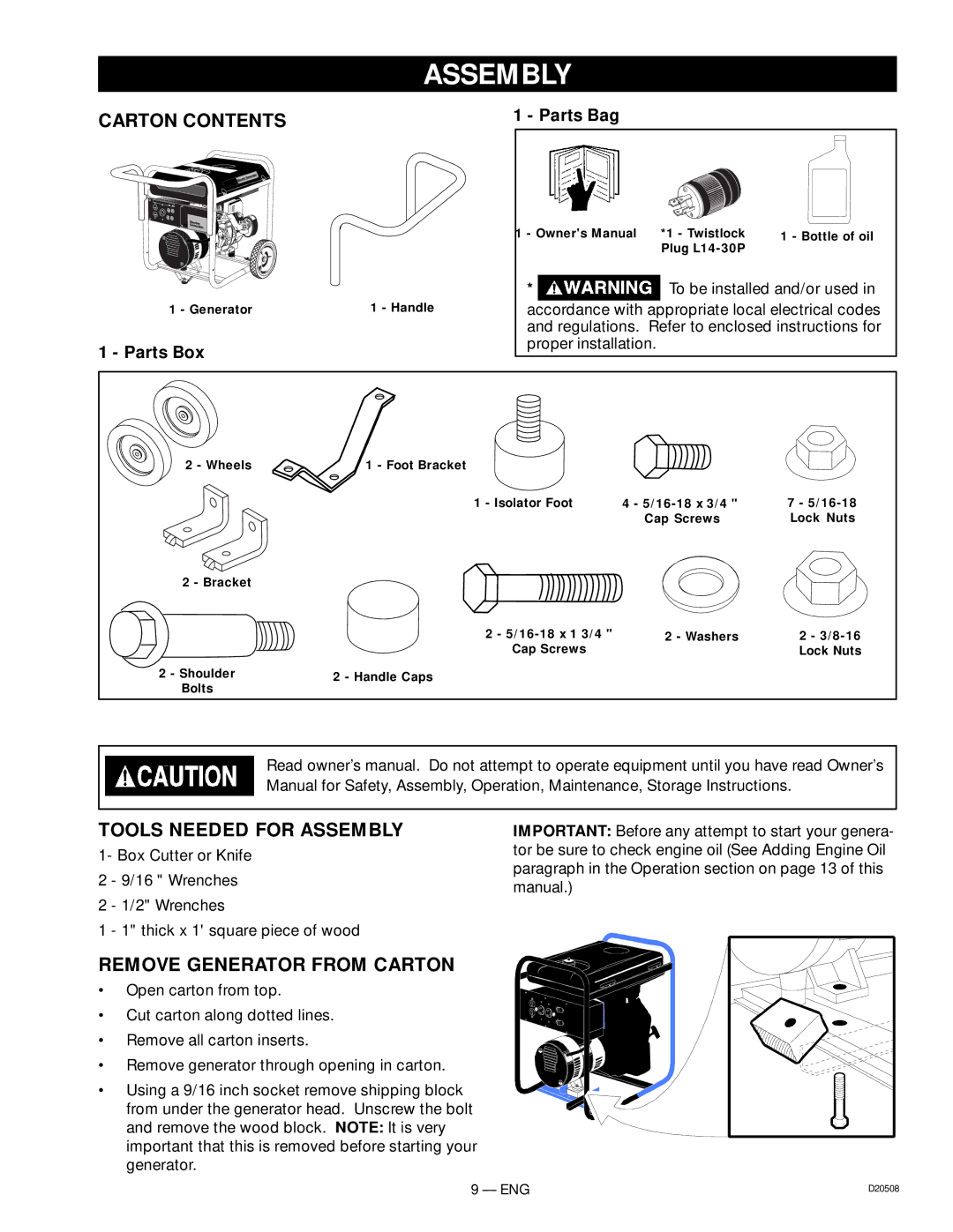 Sears 919.329110, D20508 owner manual Carton Contents, Tools Needed for Assembly, Remove Generator from Carton 