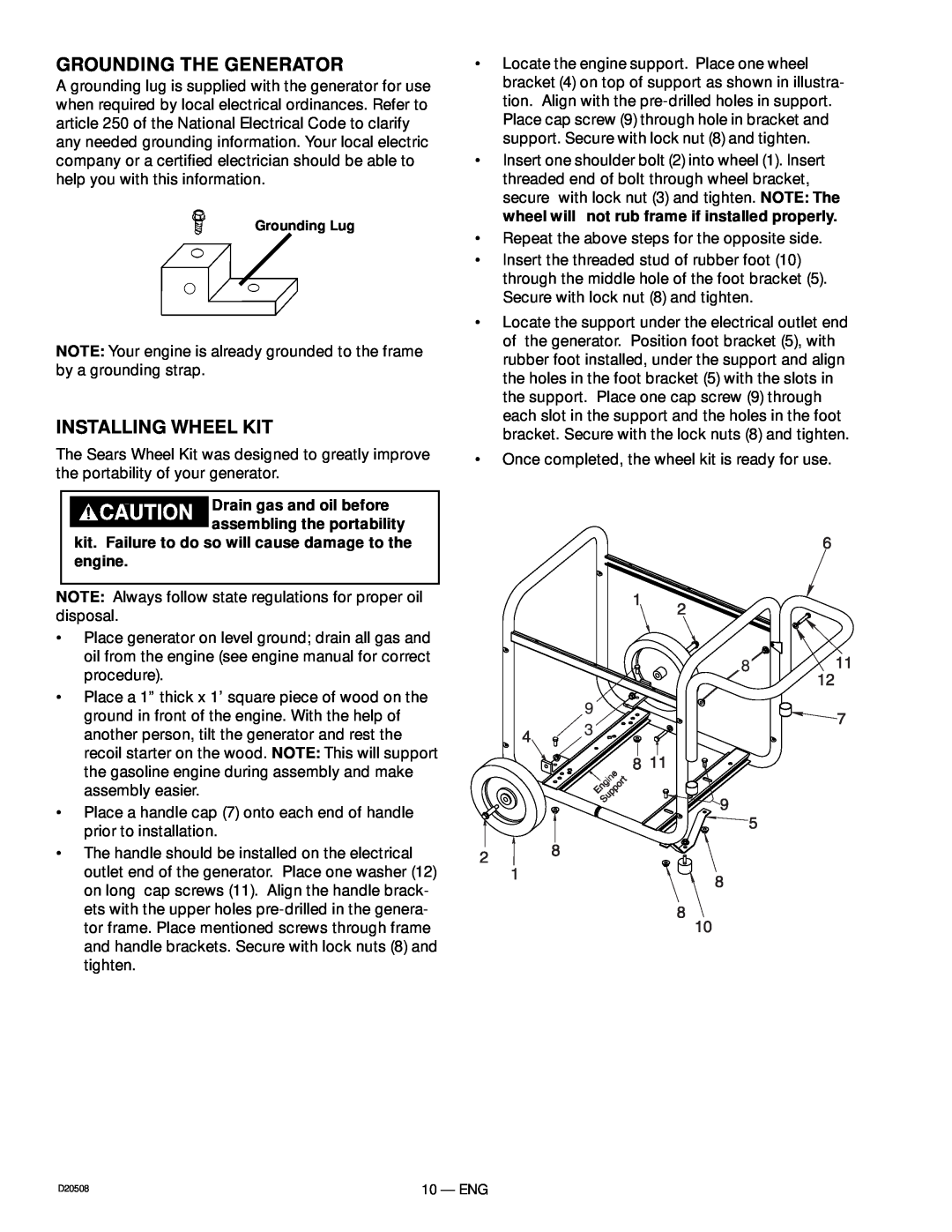 Sears D20508, 919.329110 owner manual Grounding The Generator, Installing Wheel Kit 