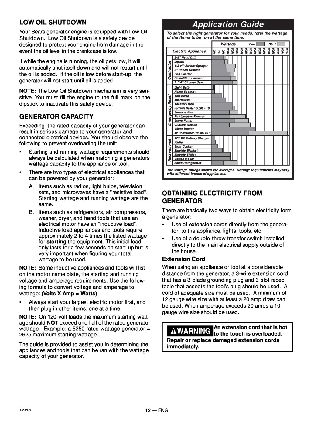 Sears D20508, 919.329110 owner manual Low Oil Shutdown, Generator Capacity, Extension Cord, Application Guide 