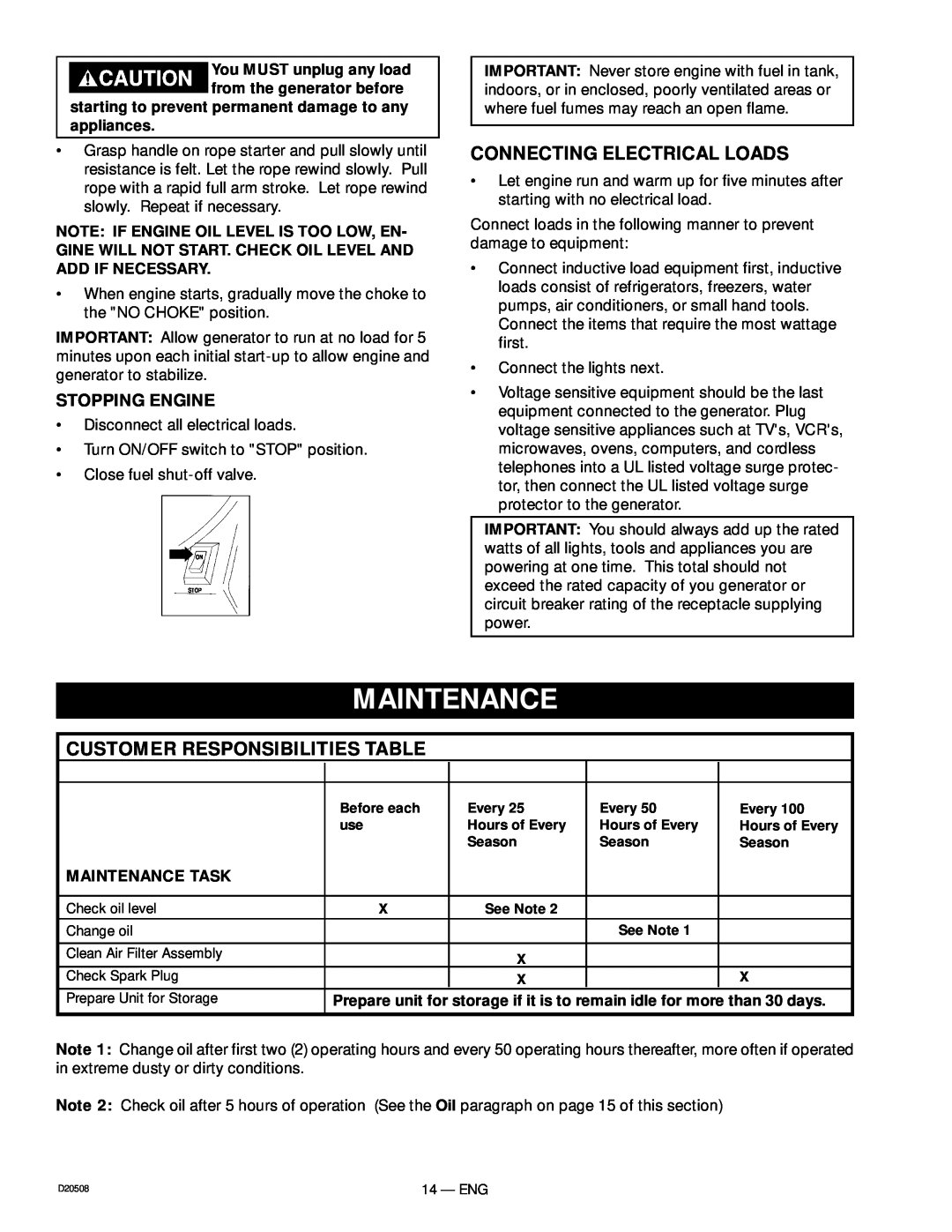 Sears D20508, 919.329110 Maintenance, Connecting Electrical Loads, Customer Responsibilities Table, Stopping Engine 