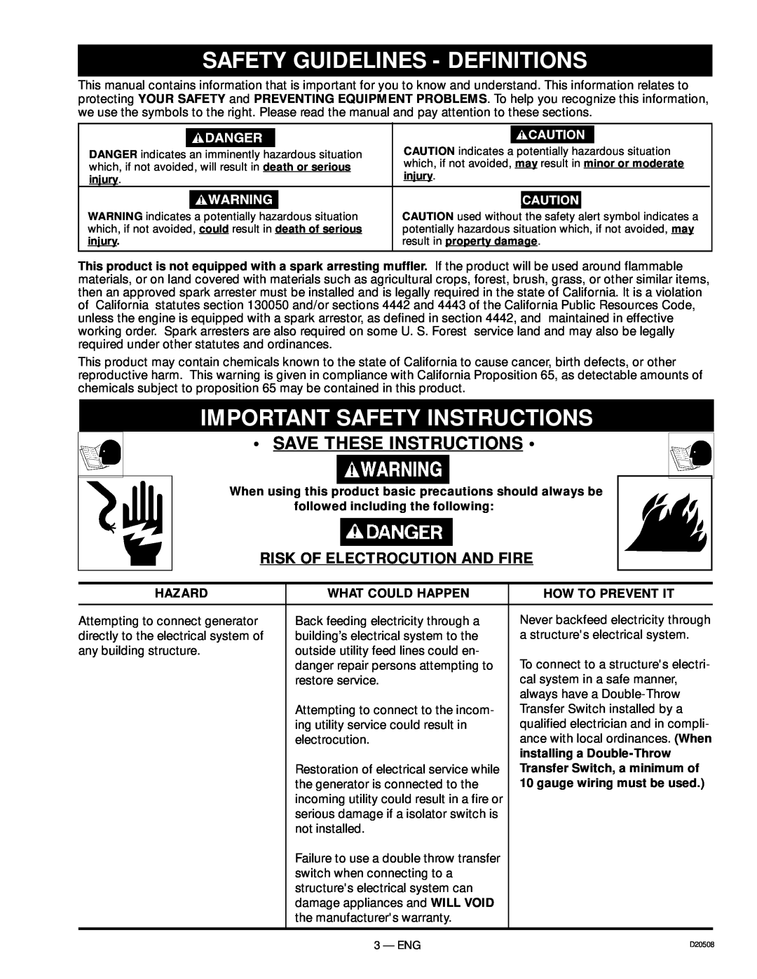 Sears 919.329110, D20508 Safety Guidelines - Definitions, Important Safety Instructions, Save These Instructions 
