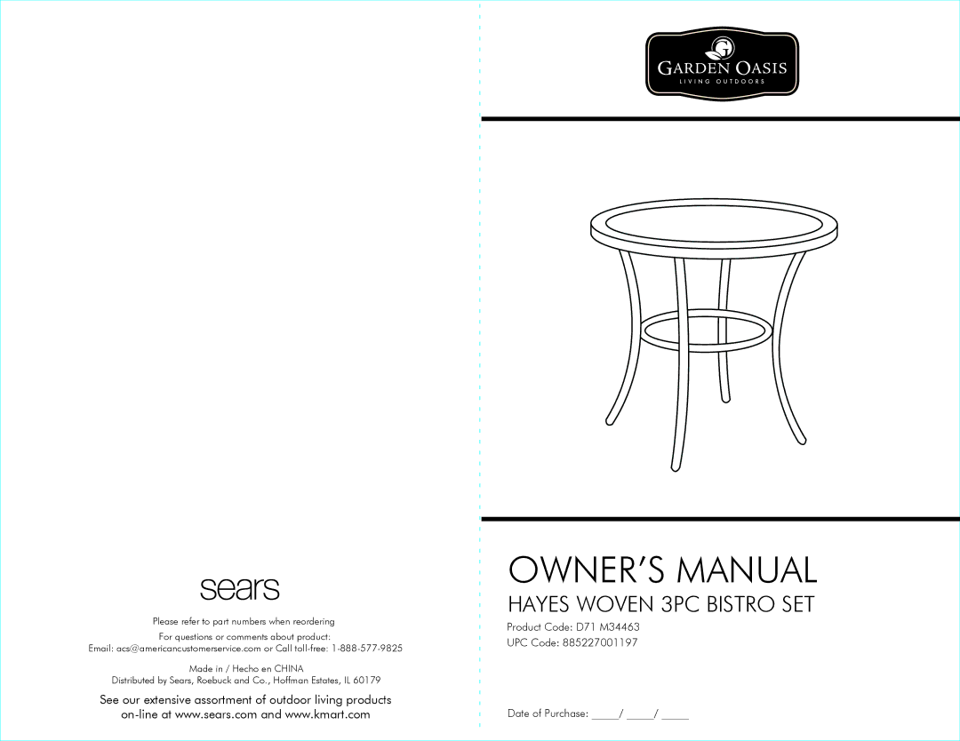 Sears D71 M34463 owner manual Hayes Woven 3PC Bistro SET 