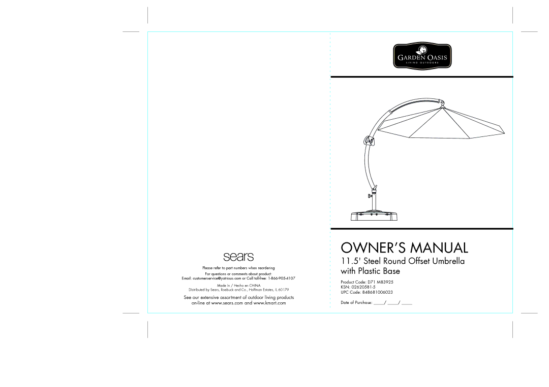 Sears D71 M83925 owner manual Steel Round Offset Umbrella with Plastic Base 