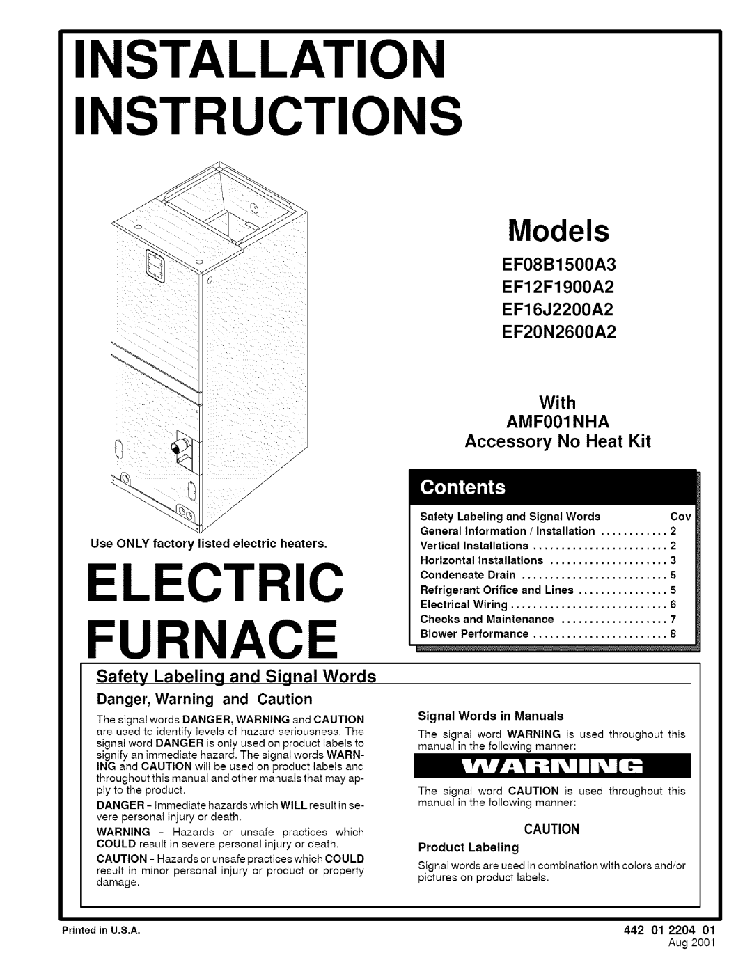 Sears EF12F1900A2 installation instructions With, Accessory No Heat Kit, Safety Labeling and Signal Words, 442 01 2204 