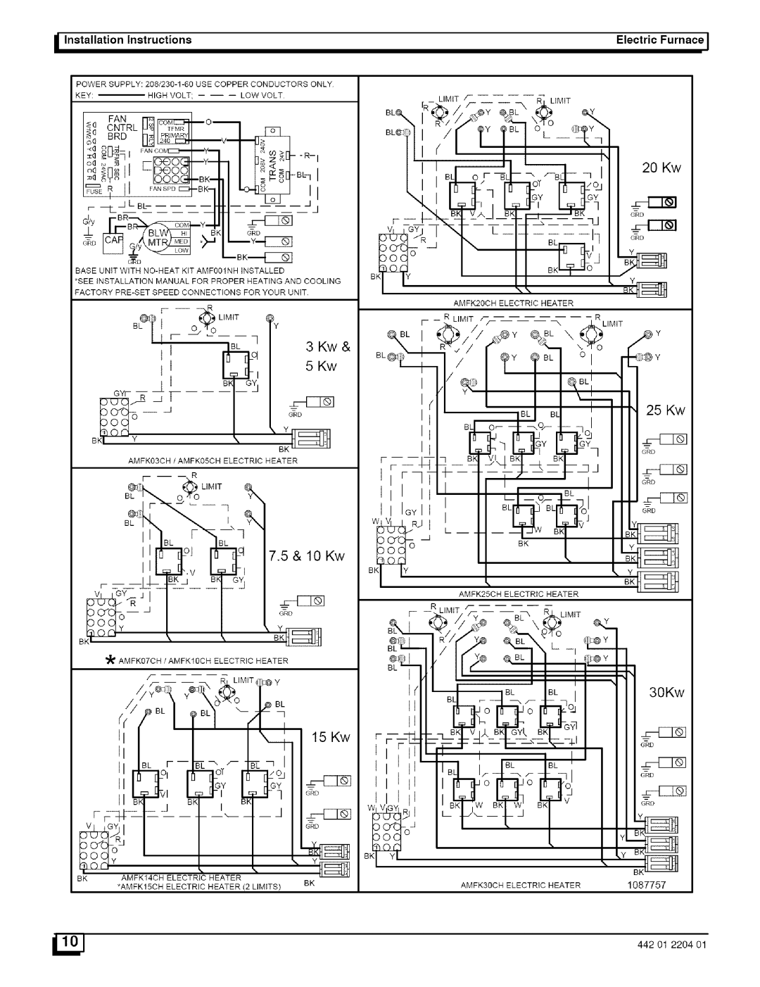 Sears EF16J2200A2, EF20N2600A2, EF12F1900A2, EF08B1500A3 installation instructions 10 Kw, 15 Kw, 20 Kw, 25 Kw, 30Kw 