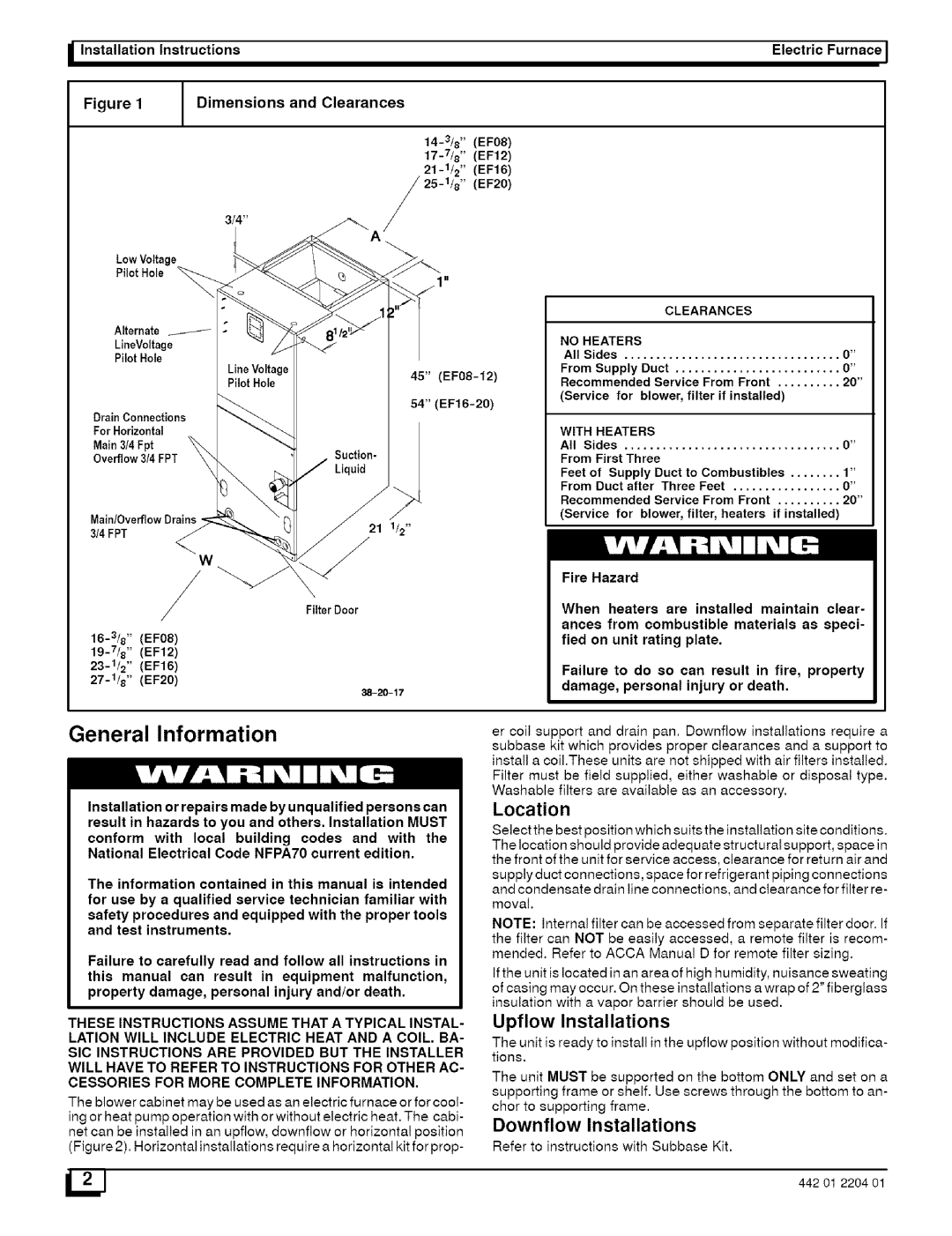 Sears EF16J2200A2 General Information, Location, Downflow Installations, Installation Instructions Electric Furnace 