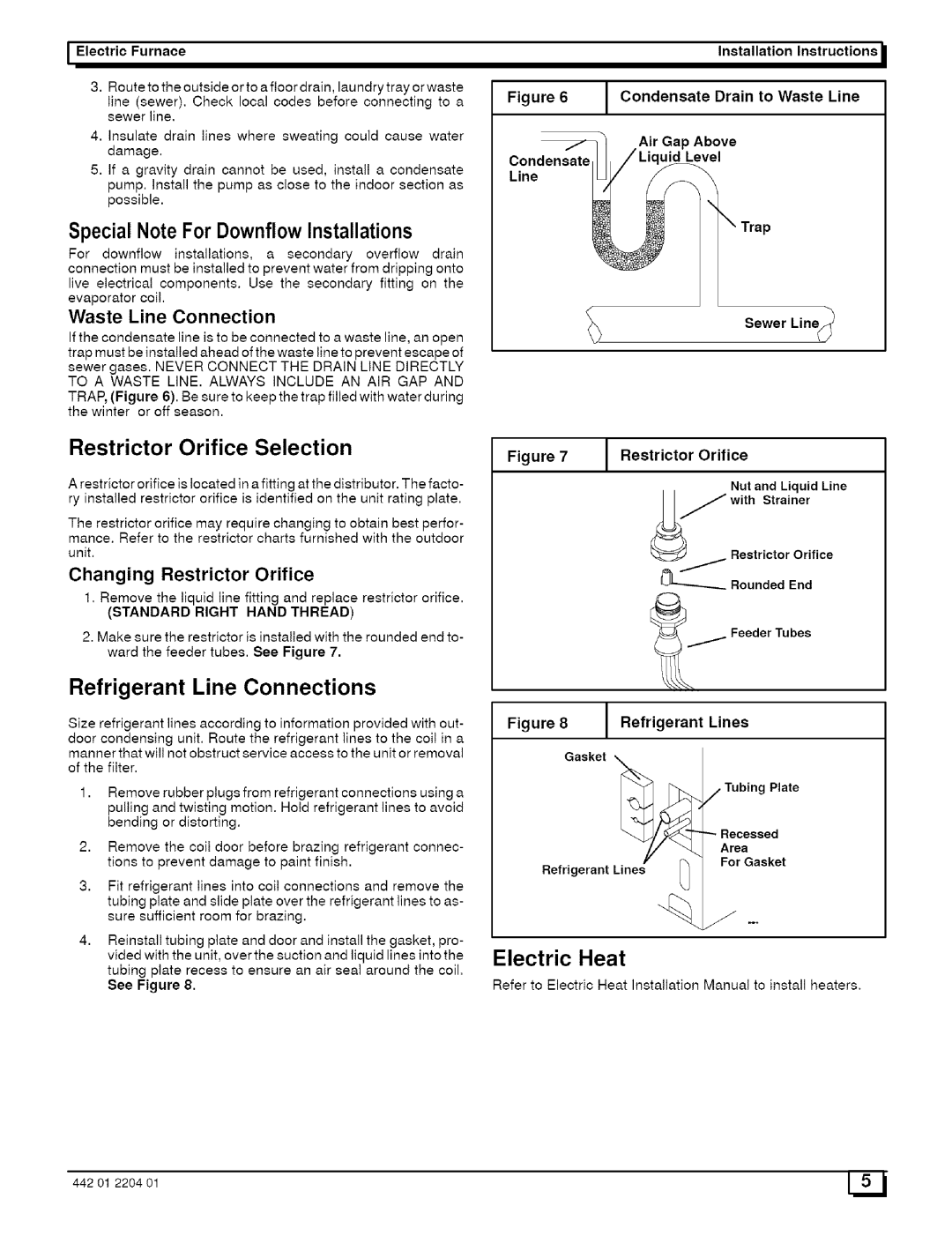 Sears EF12F1900A2 Refrigerant Line Connections, SpecialNote For Downflow Installations, Restrictor Orifice Selection 