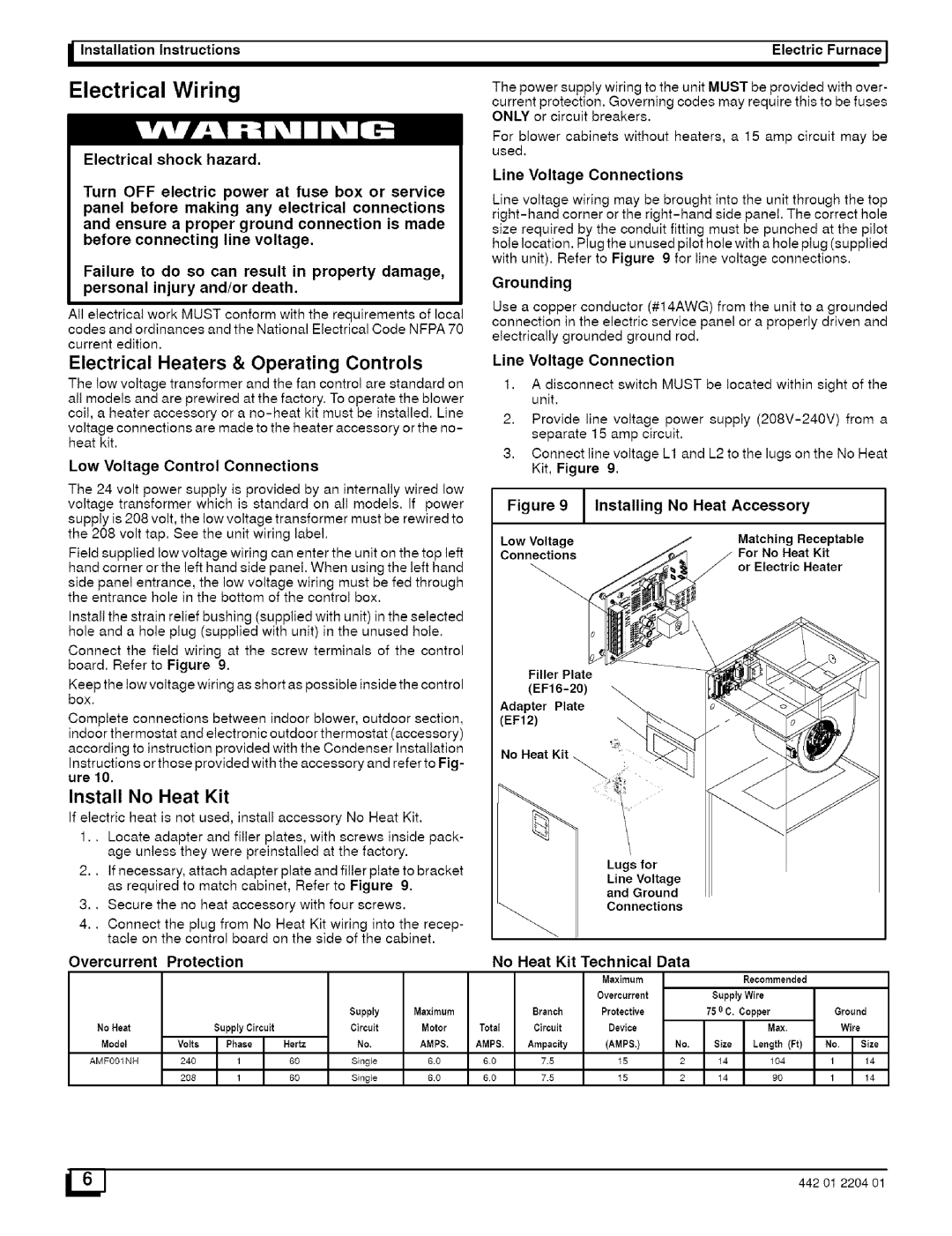 Sears EF16J2200A2, EF20N2600A2, EF12F1900A2 Electrical Wiring, Electrical Heaters & Operating Controls, Install No Heat Kit 