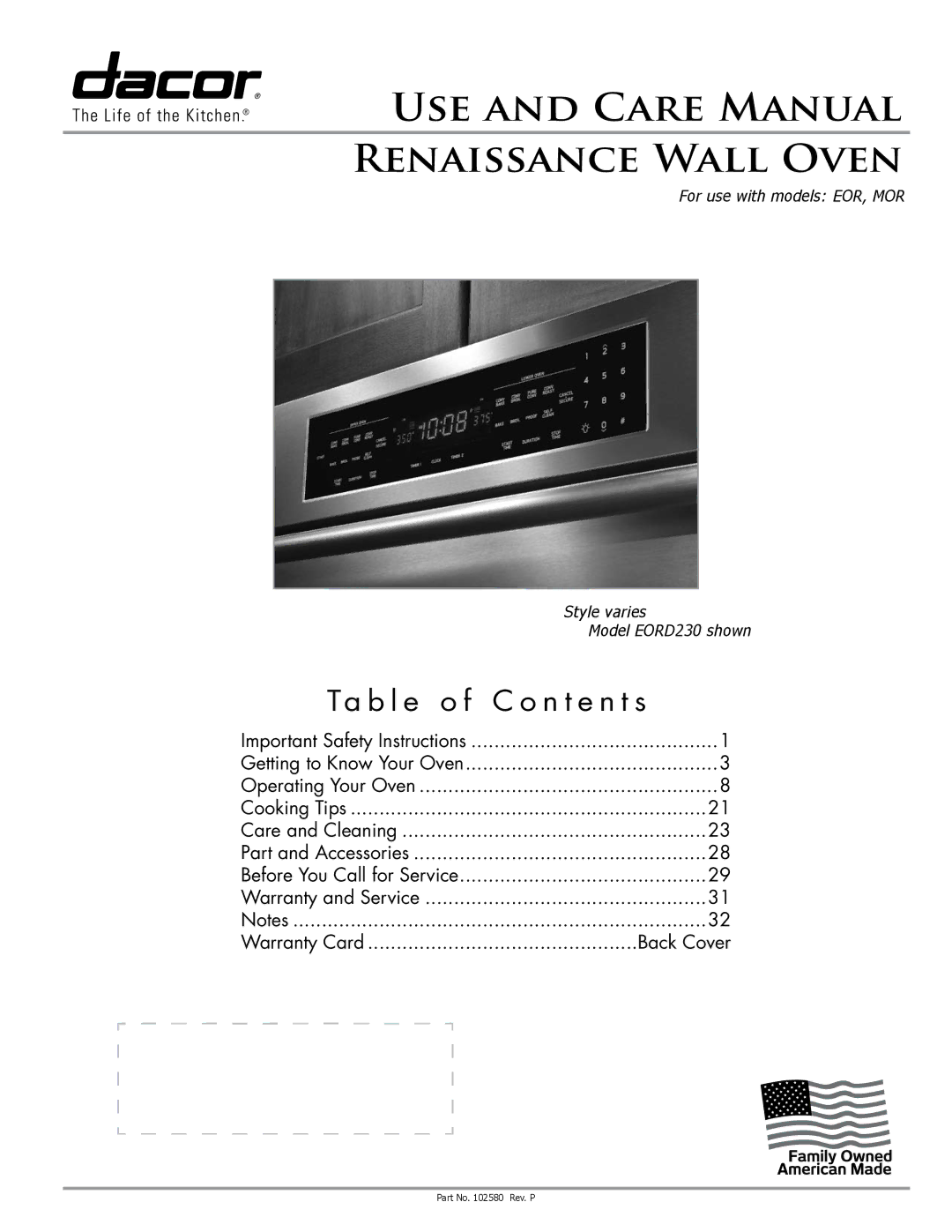 Sears EORD230 manual Ta b l e o f C o n t e n t s, Important Safety Instructions Getting to Know Your Oven, Back Cover 