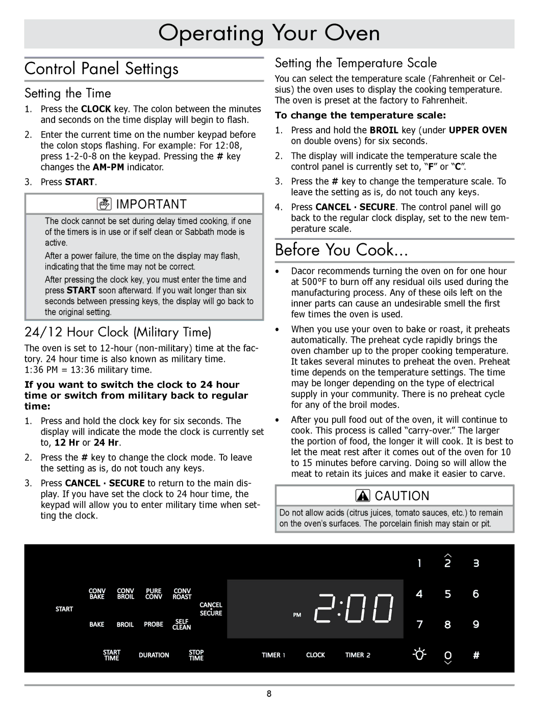 Sears EORD230 manual Operating Your Oven, Control Panel Settings, Before You Cook 