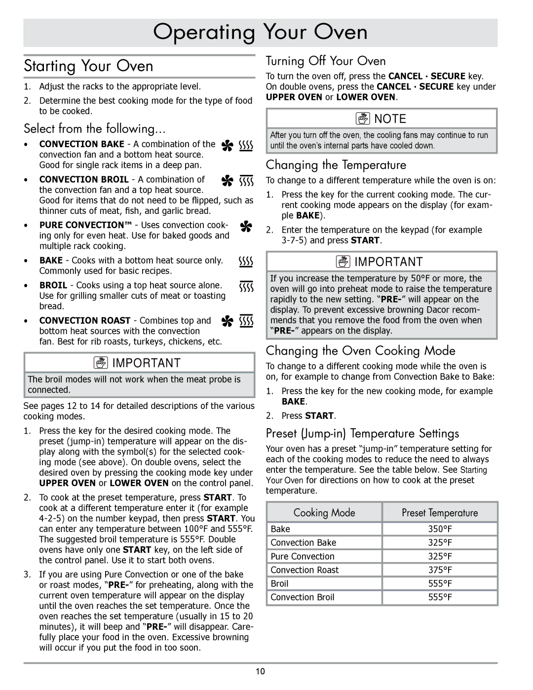 Sears EORD230 manual Starting Your Oven 