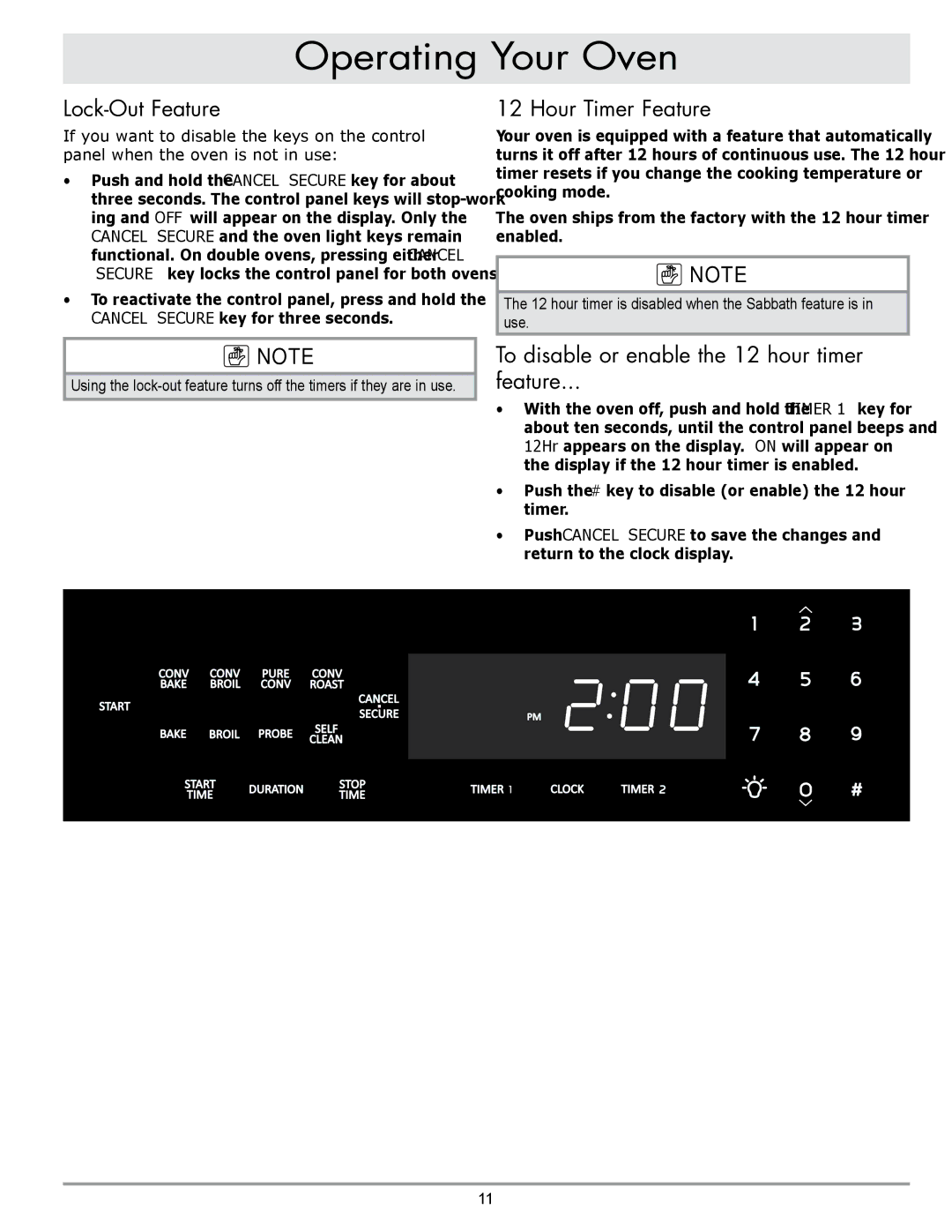 Sears EORD230 manual Lock-Out Feature, Hour Timer Feature, To disable or enable the 12 hour timer Feature 