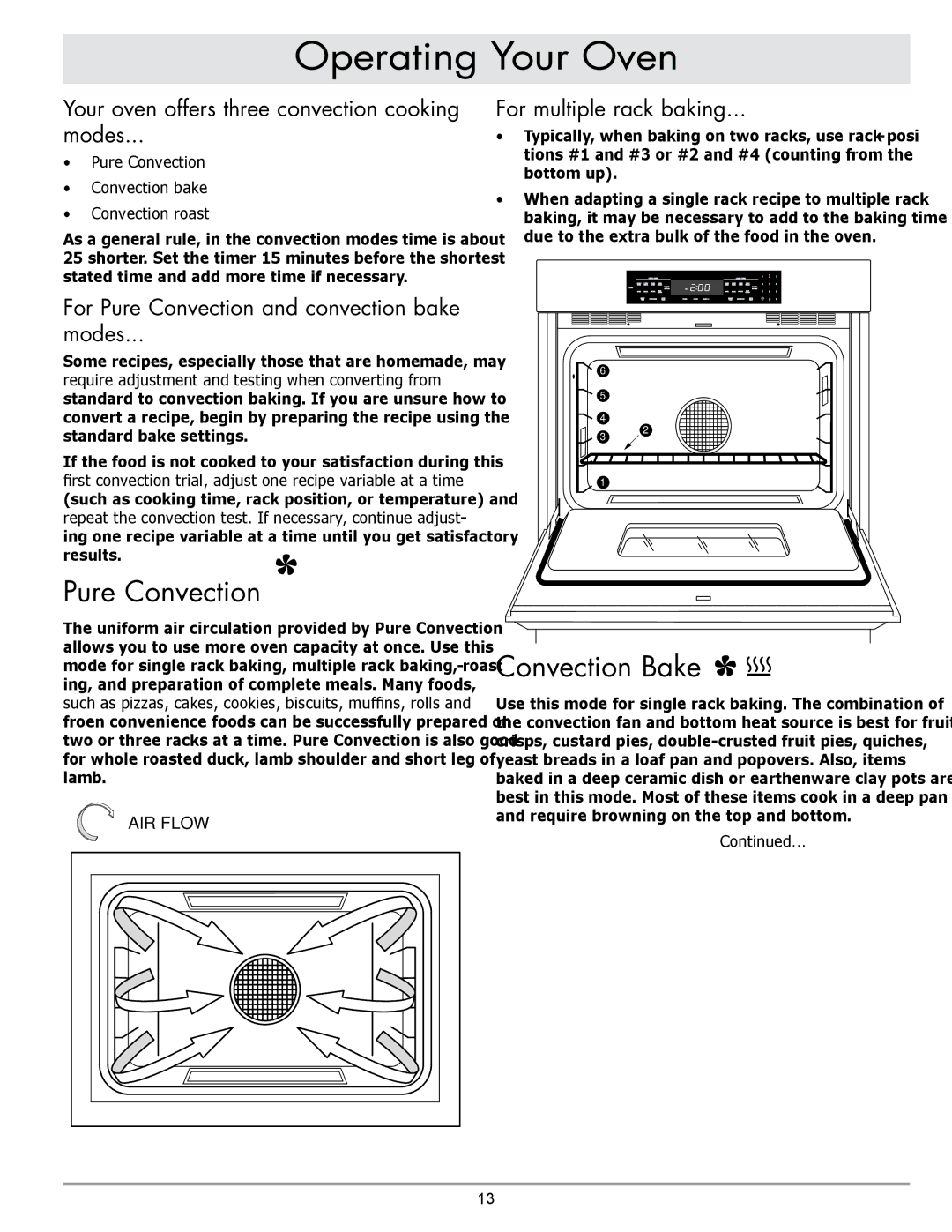 Sears EORD230 Pure Convection, Convection Bake, Your oven offers three convection cooking Modes, For multiple rack baking 