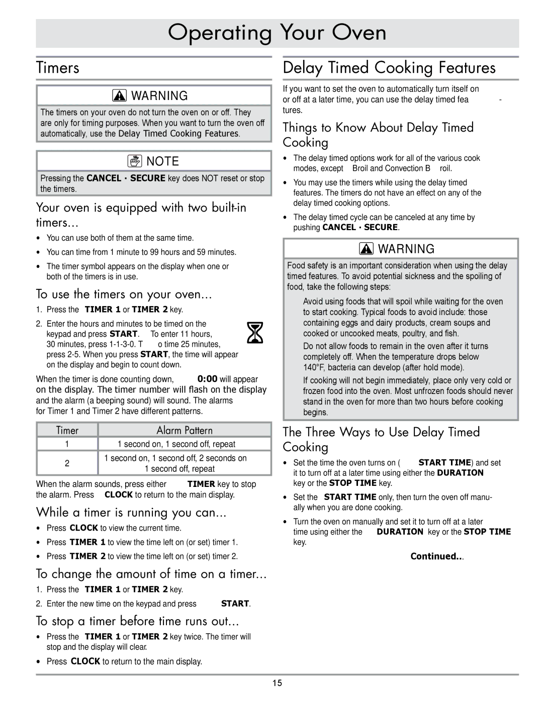 Sears EORD230 manual Timers, Delay Timed Cooking Features 