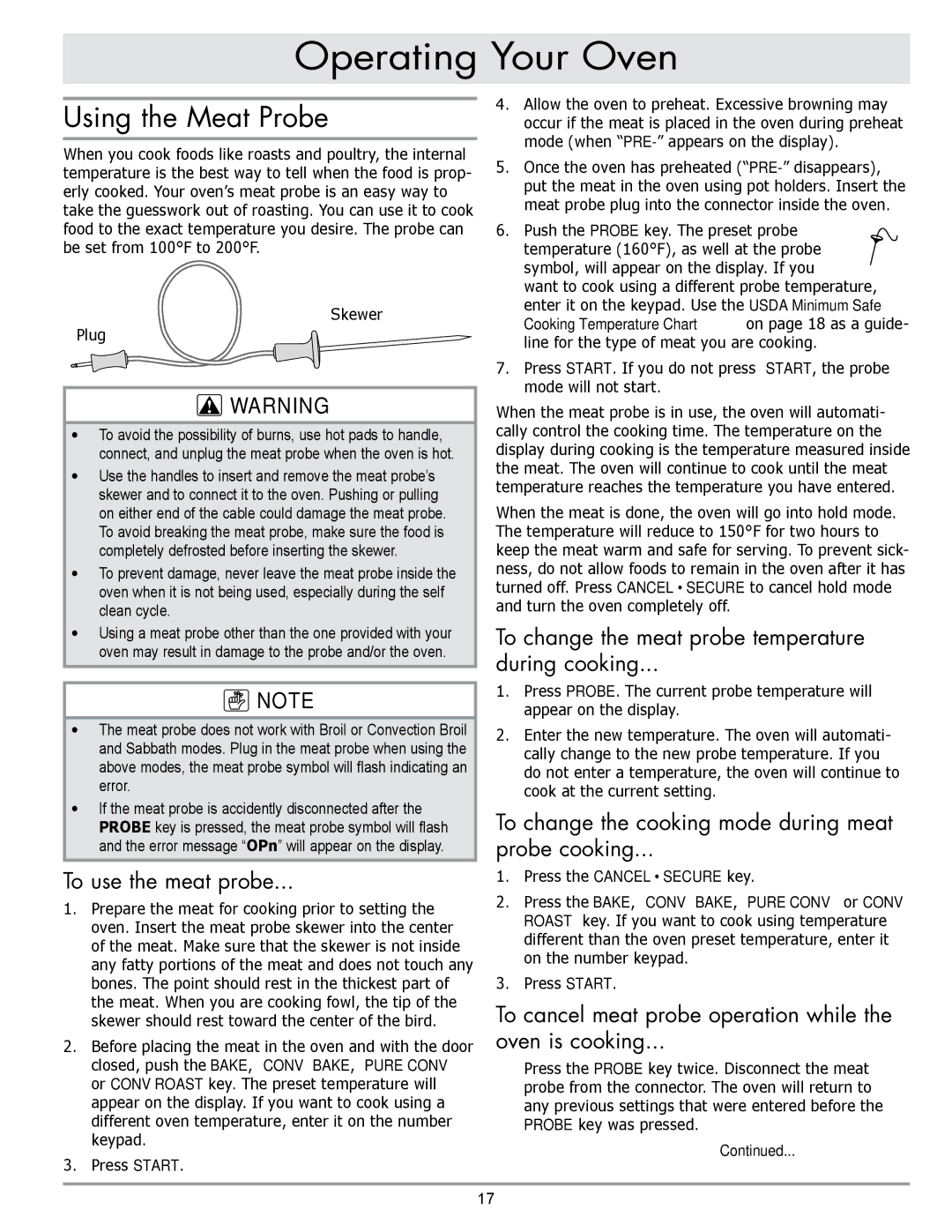 Sears EORD230 manual Using the Meat Probe, To use the meat probe, To change the meat probe temperature During cooking 