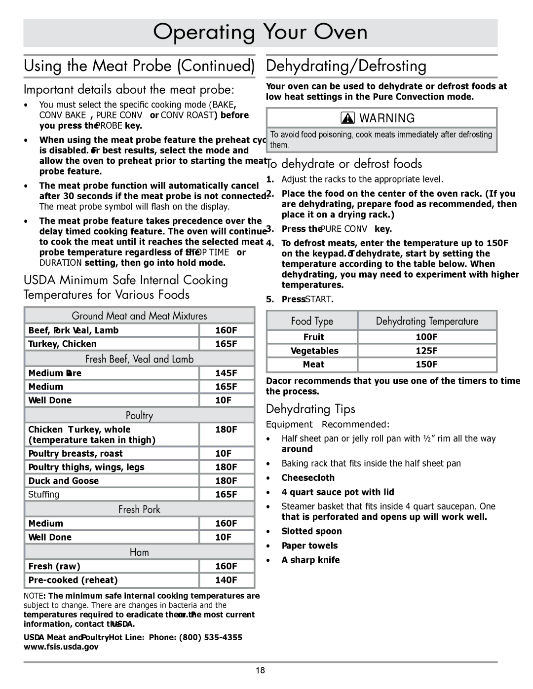 Sears EORD230 manual Using the Meat Probe Dehydrating/Defrosting, Important details about the meat probe, Dehydrating Tips 