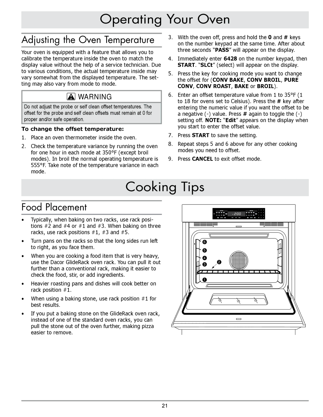 Sears EORD230 manual Cooking Tips, Adjusting the Oven Temperature, Food Placement, To change the offset temperature 