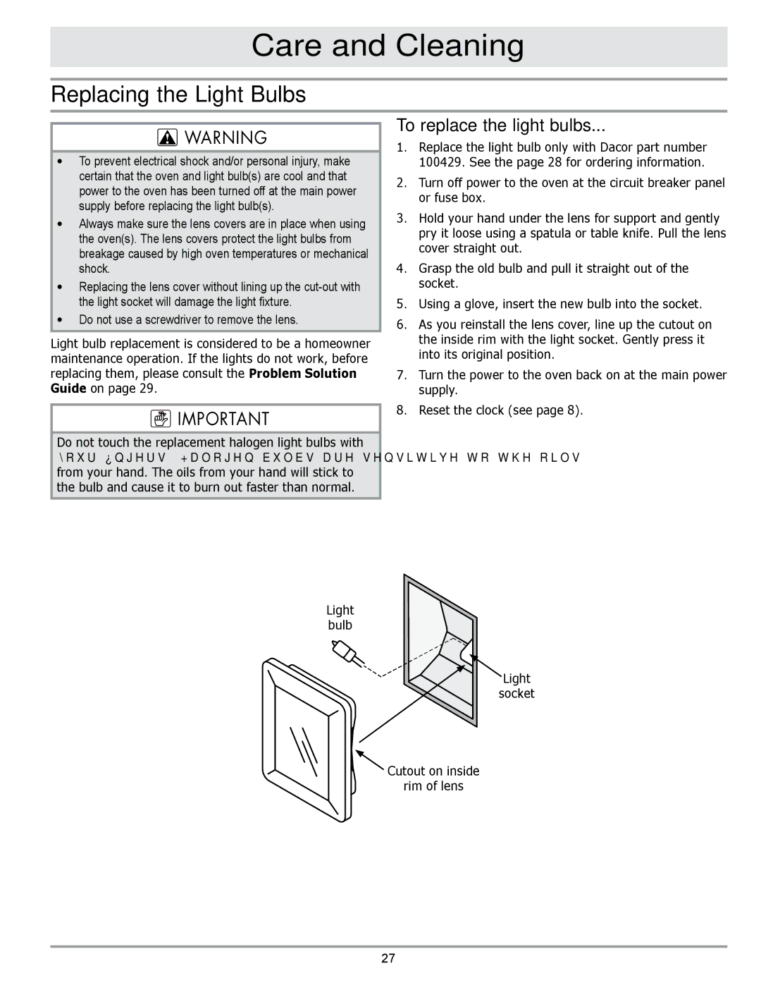 Sears EORD230 manual Replacing the Light Bulbs, To replace the light bulbs 