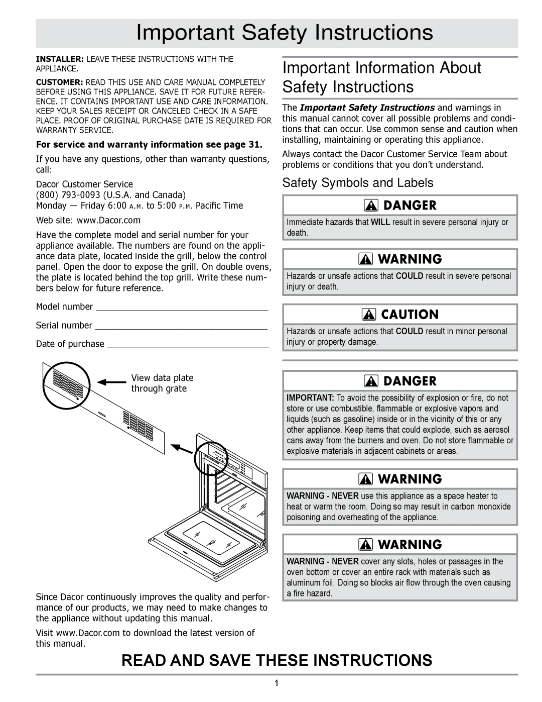 Sears EORD230 Important Safety Instructions, Important Information About Safety Instructions, Safety Symbols and Labels 