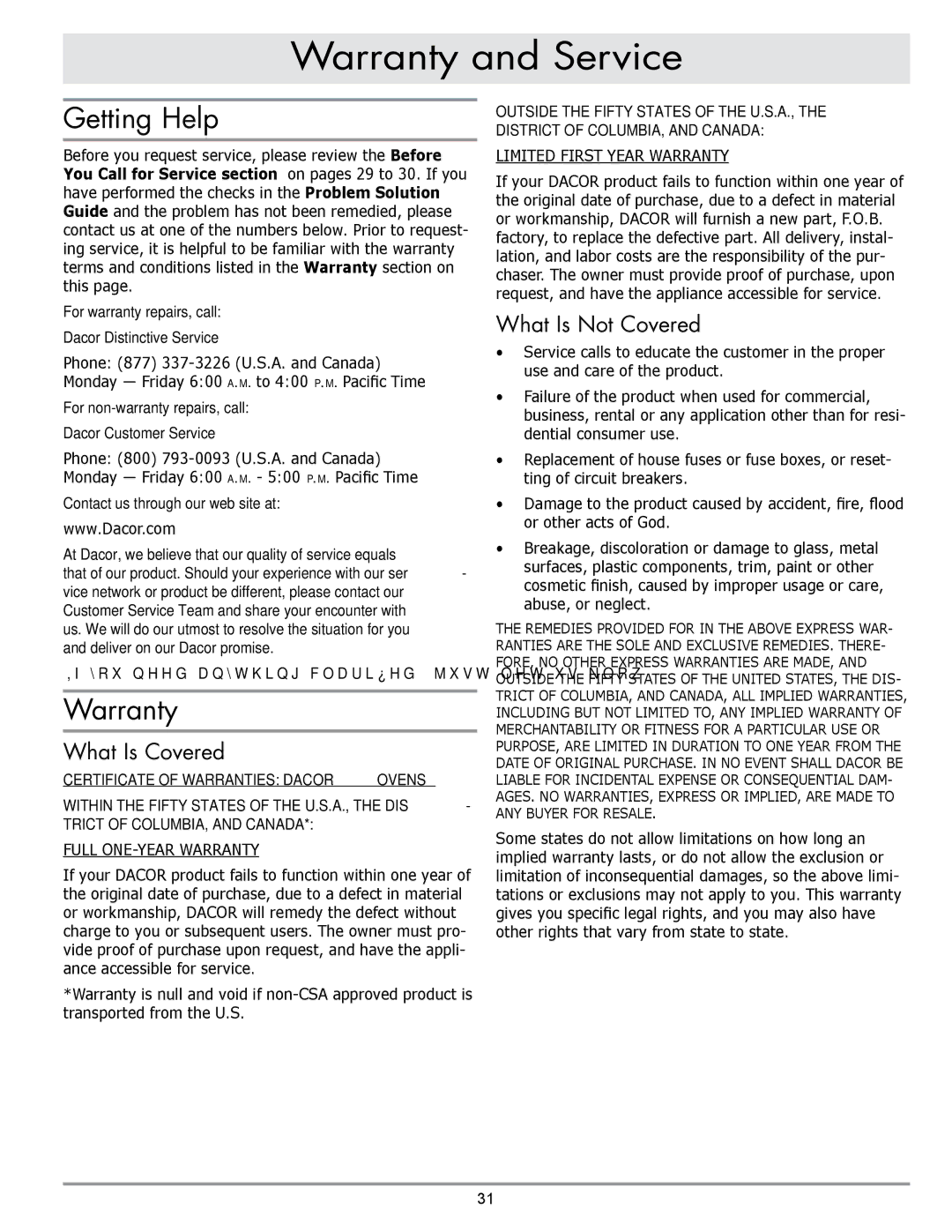 Sears EORD230 manual Warranty and Service, Getting Help, What Is Covered, What Is Not Covered 