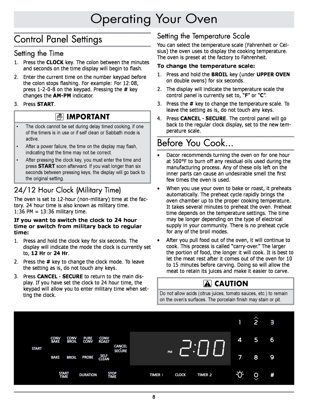 Sears EORD230 manual Operating Your Oven, Control Panel Settings, Before You Cook, Setting the Time 
