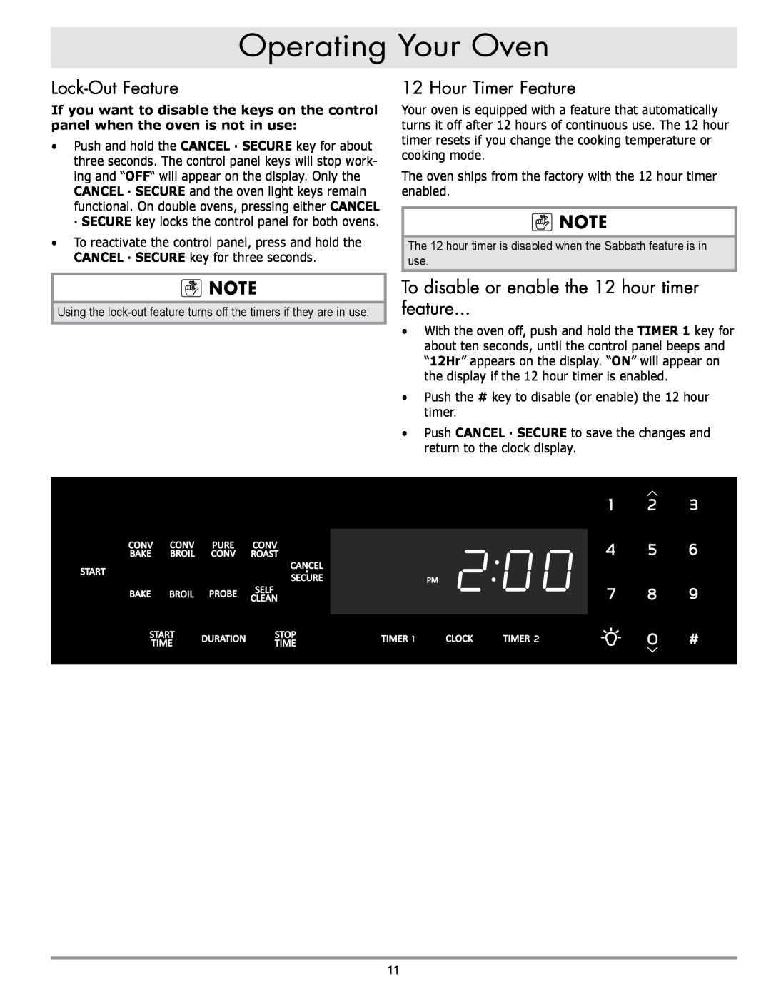 Sears EORD230 Lock-Out Feature, Hour Timer Feature, To disable or enable the 12 hour timer feature, Operating Your Oven 