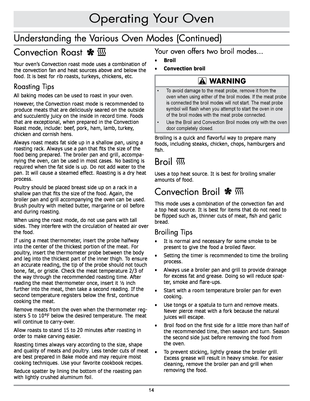 Sears EORD230 manual Understanding the Various Oven Modes Continued, Convection Roast, Convection Broil, Roasting Tips 